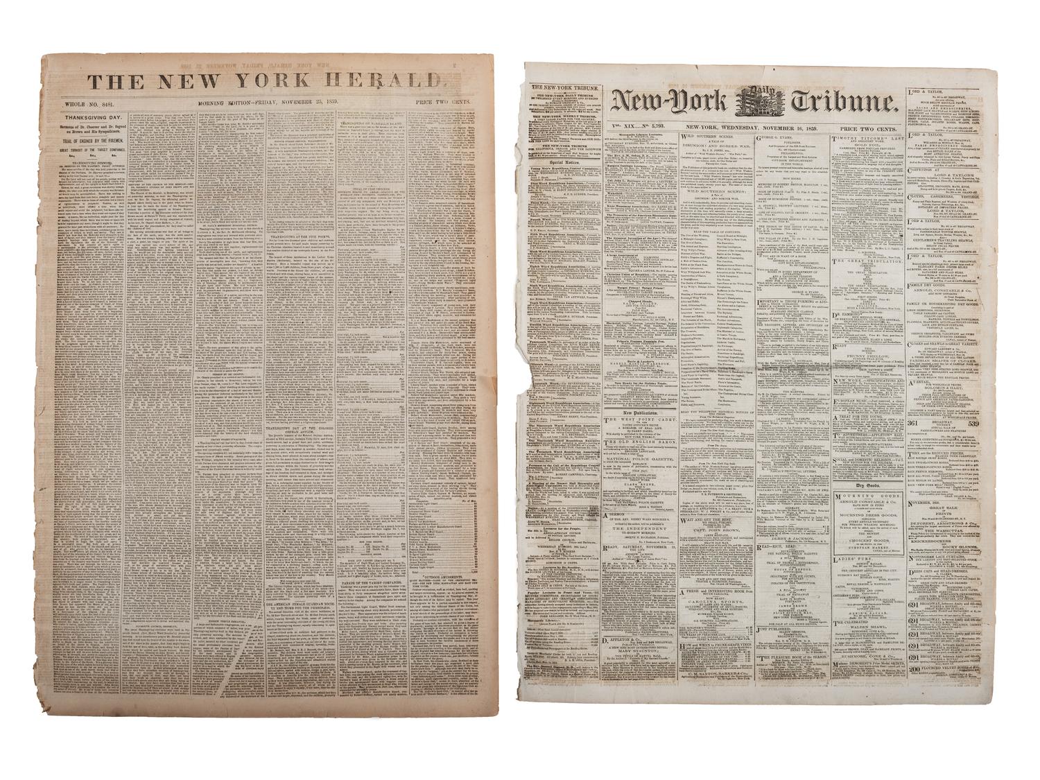 A group of 7 newspapers containing reports of John Brown and Harper's Ferry.