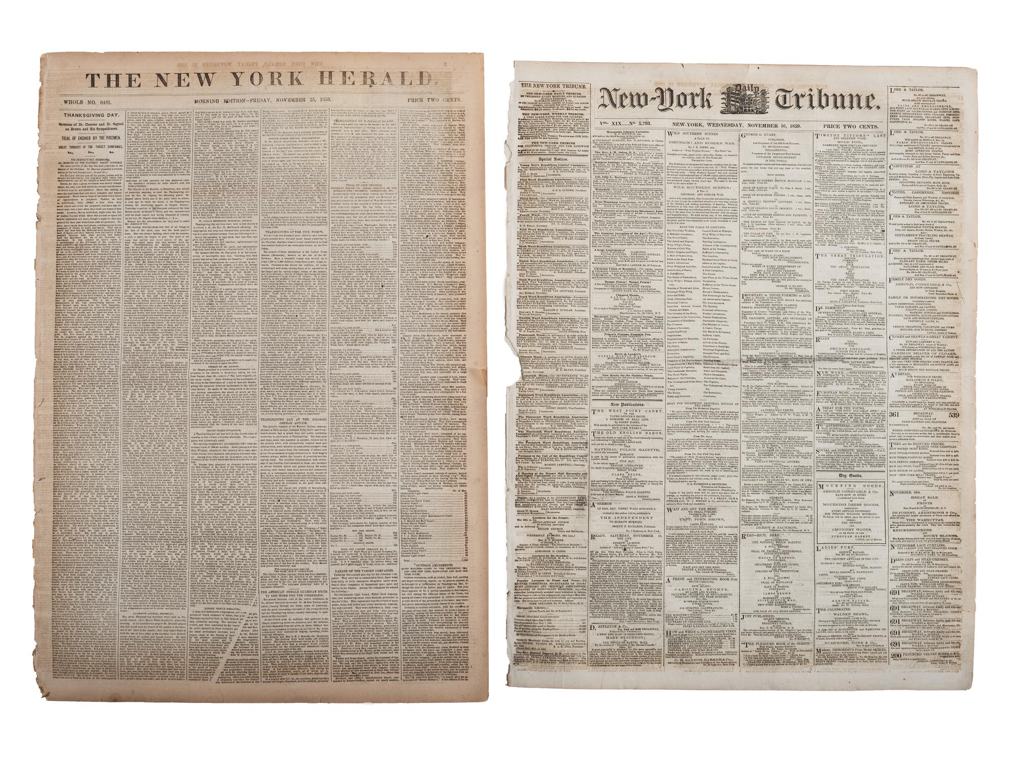 A group of 7 newspapers containing reports of John Brown and Harper's Ferry.