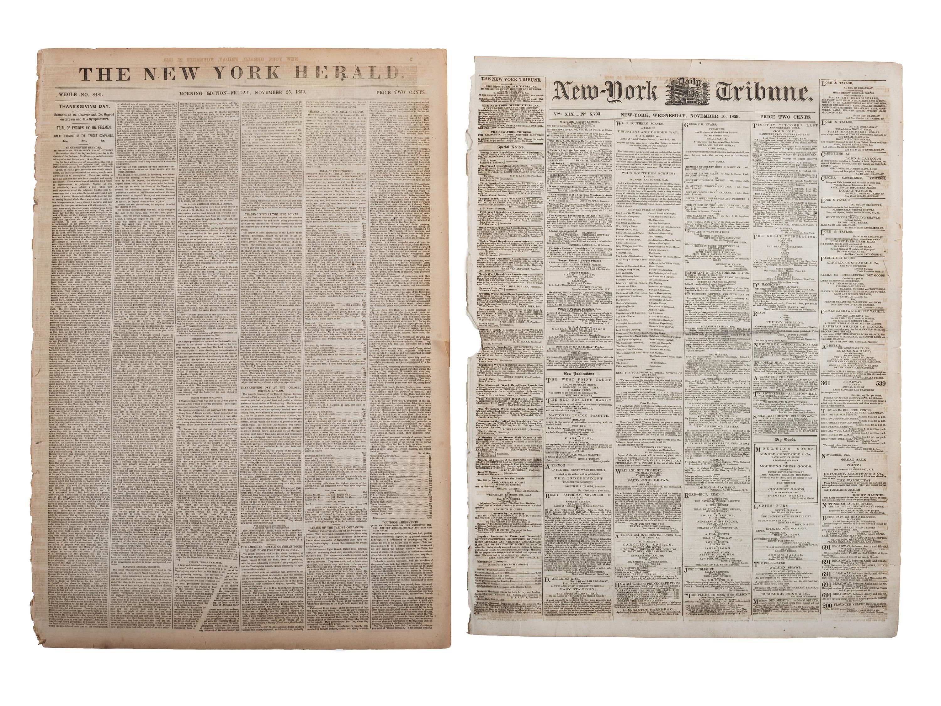 A group of 7 newspapers containing reports of John Brown and Harper's Ferry.