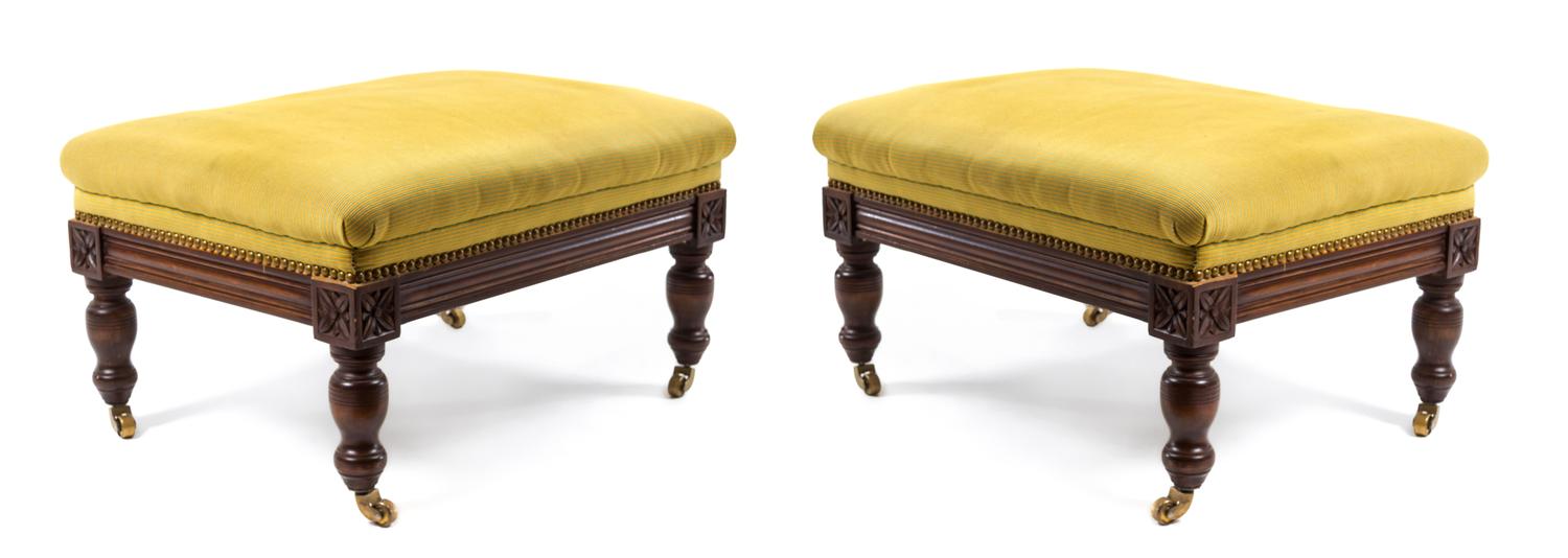 A Pair of Yellow and Green Upholstered Mahogany Club Chairs Height 32 inches. — 20TH CENTURY