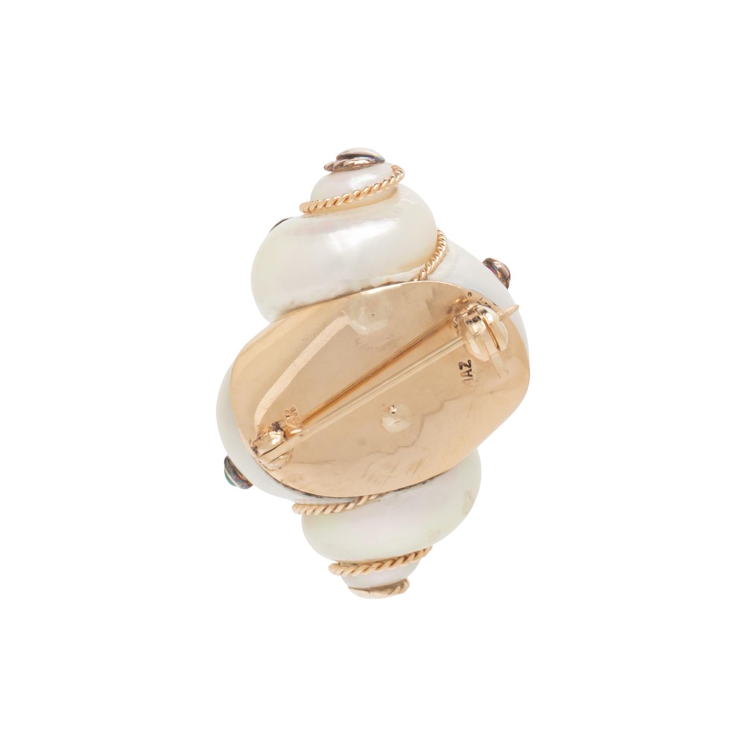 MAZ, YELLOW GOLD, TURBO SHELL, AND MULTIGEM BROOCH
