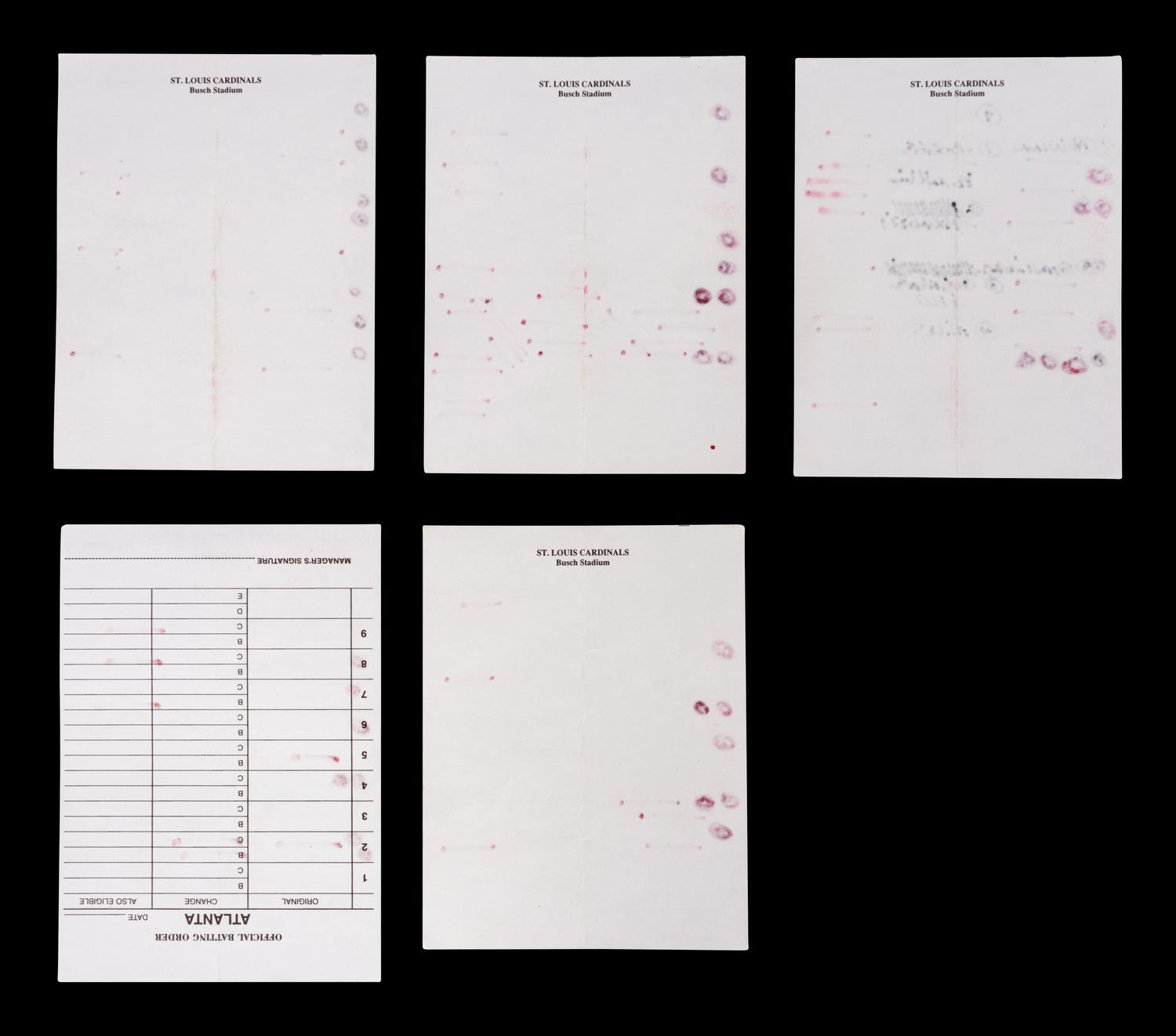 A Group of Five Hall of Fame Manager Signed Autograph Umpire Lineup Cards from The Collection of Baseball Hall of Famer Ted Simmons (including Tony LaRussa and Bobby Cox),