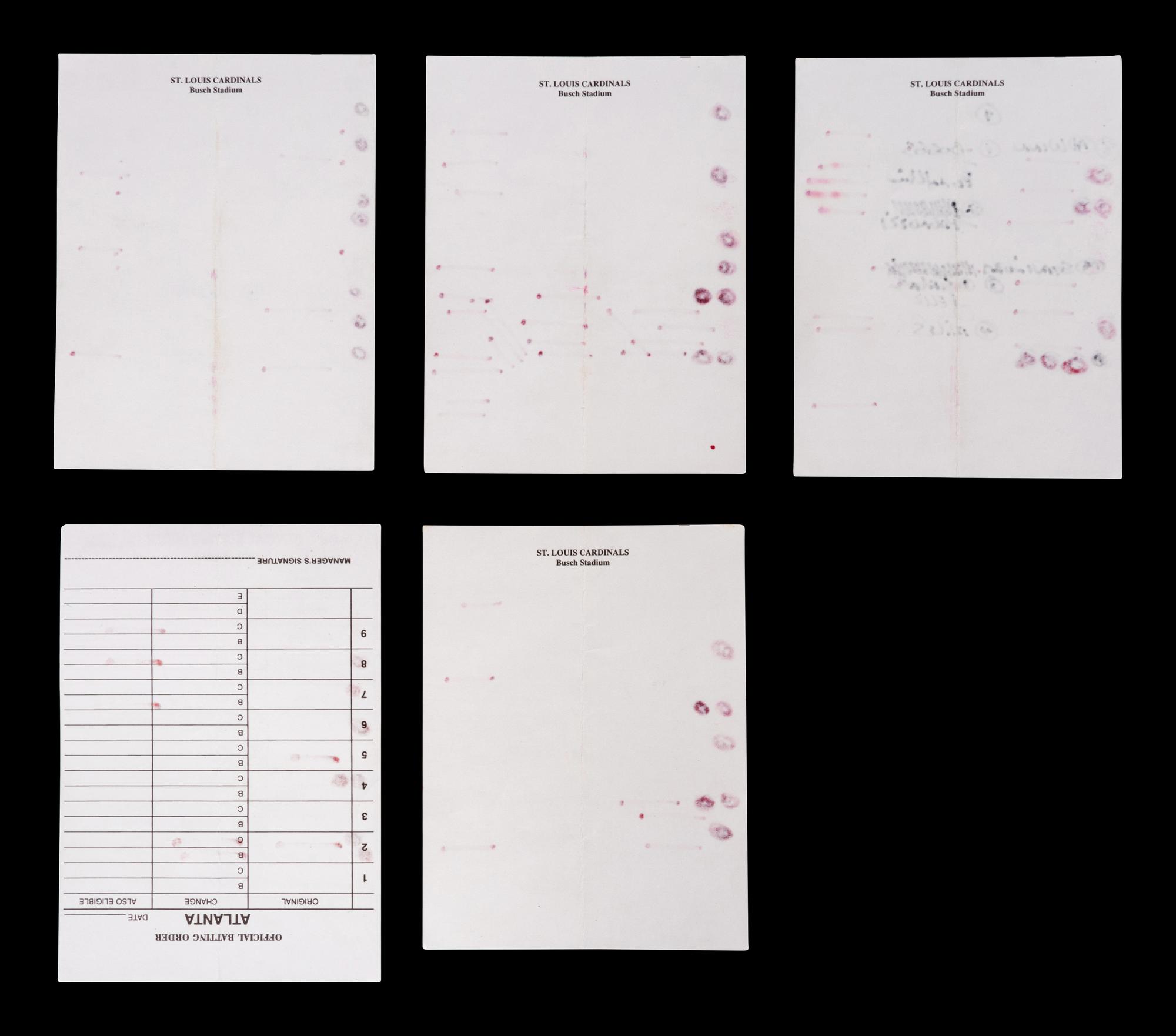 A Group of Five Hall of Fame Manager Signed Autograph Umpire Lineup Cards from The Collection of Baseball Hall of Famer Ted Simmons (including Tony LaRussa and Bobby Cox),
