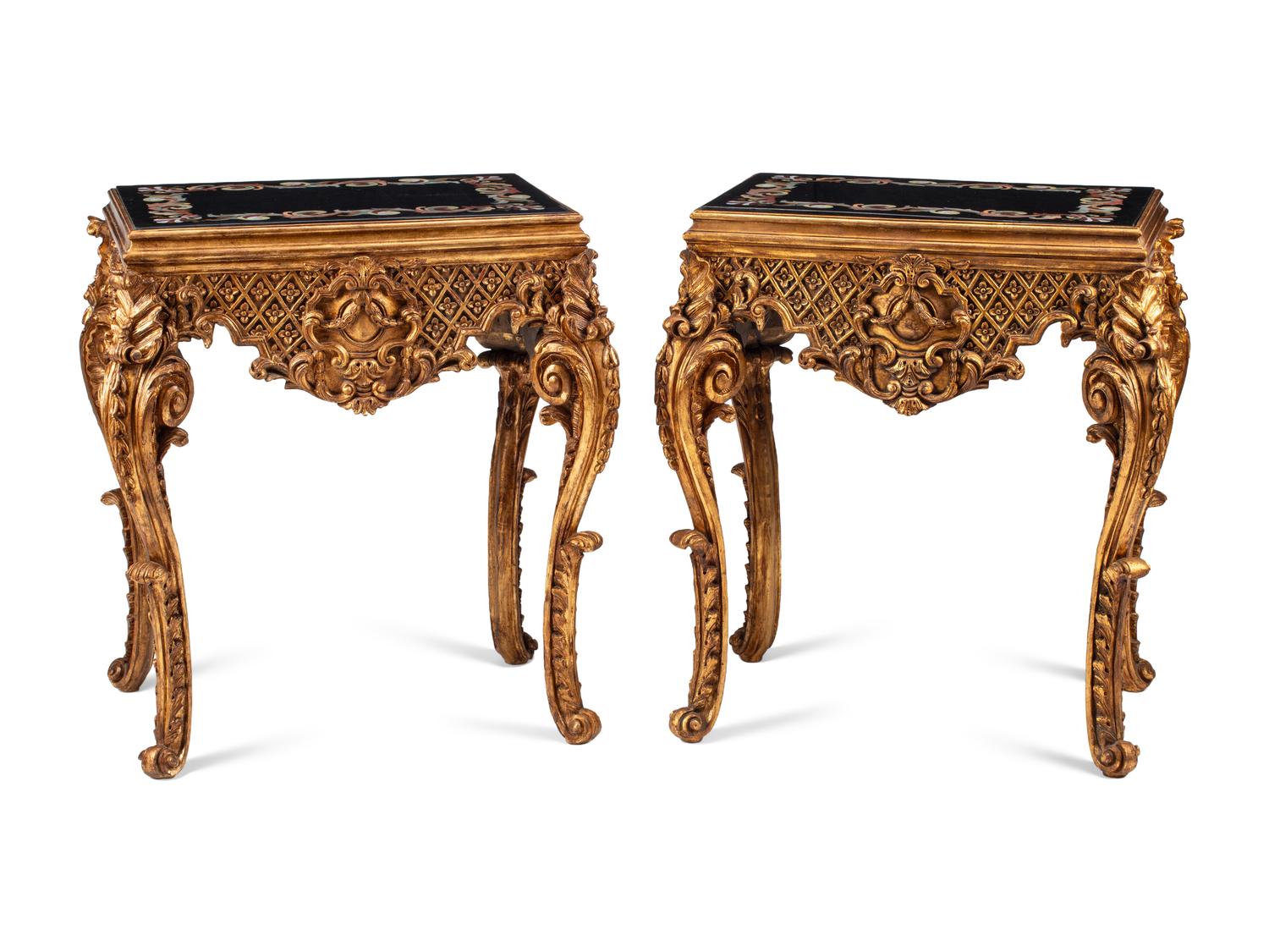 A Pair of Continental Giltwood and Pietra Dura Side Tables