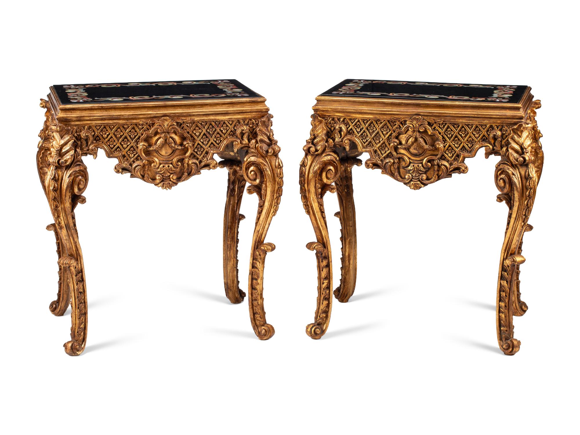 A Pair of Continental Giltwood and Pietra Dura Side Tables