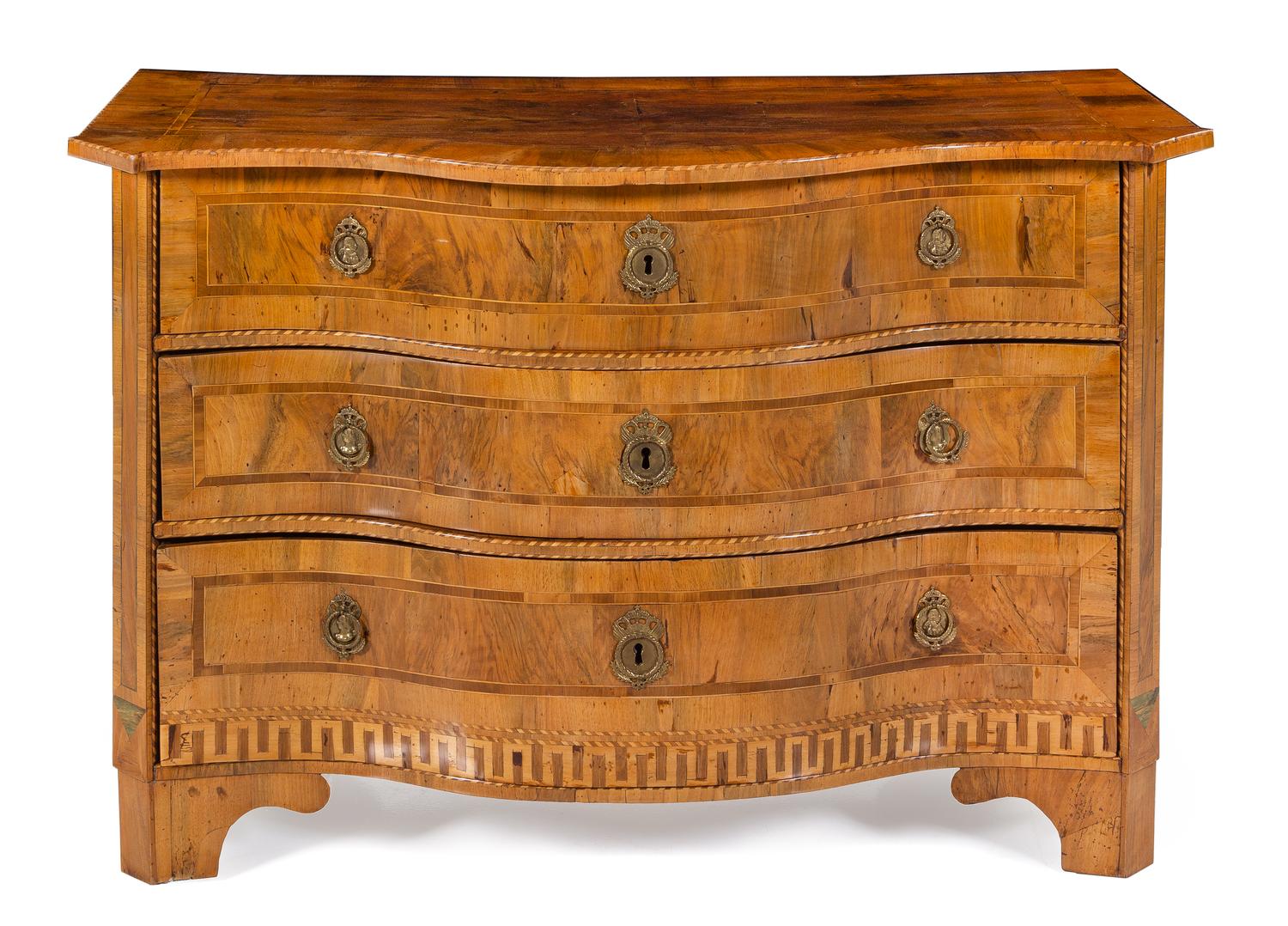 A German or Austrian Burl Walnut Commode Height 32 1/2 x width 49 1/2 x depth 23 1/2 inches. — EARLY 19TH CENTURY
