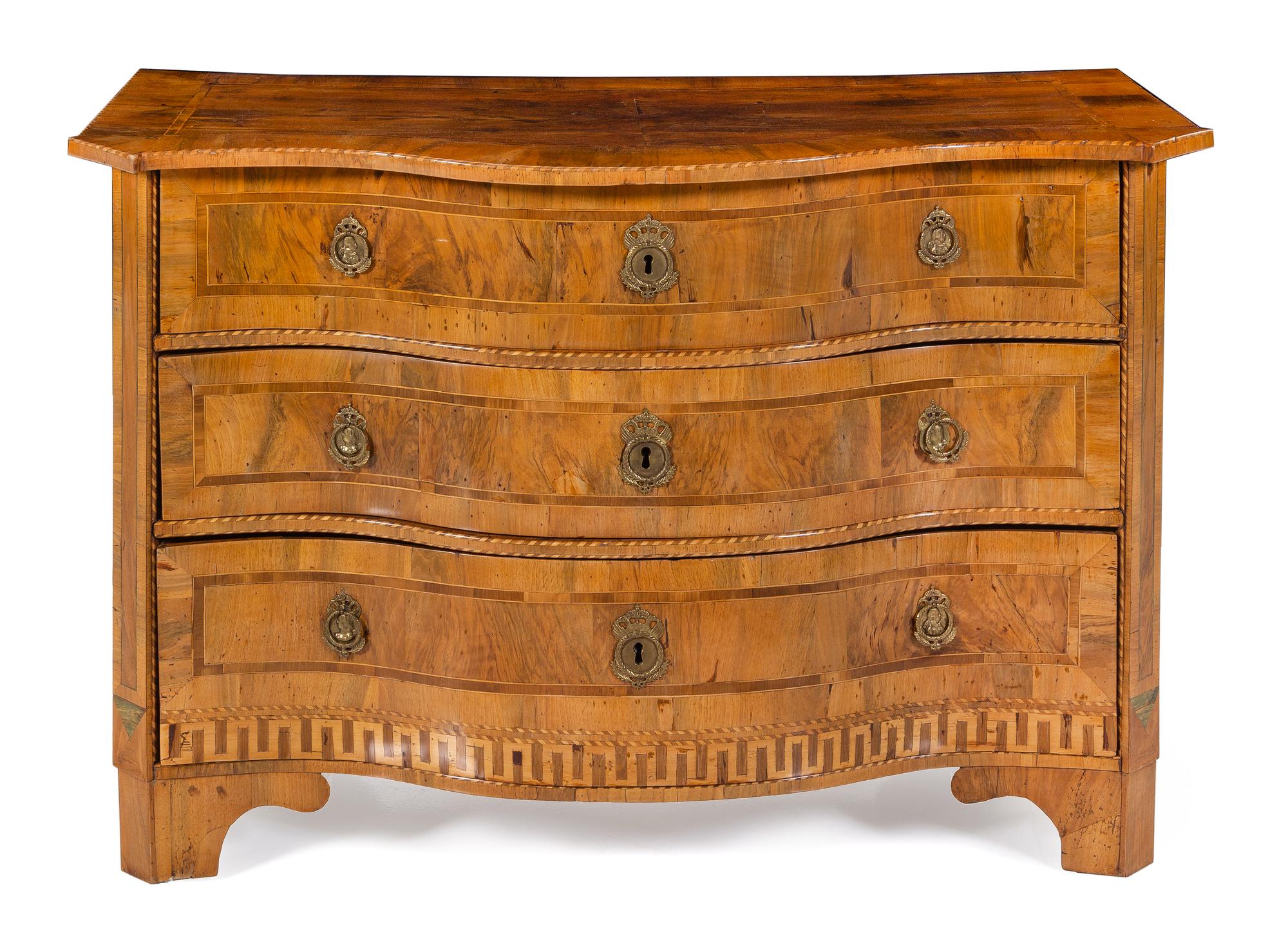 A German or Austrian Burl Walnut Commode Height 32 1/2 x width 49 1/2 x depth 23 1/2 inches. — EARLY 19TH CENTURY