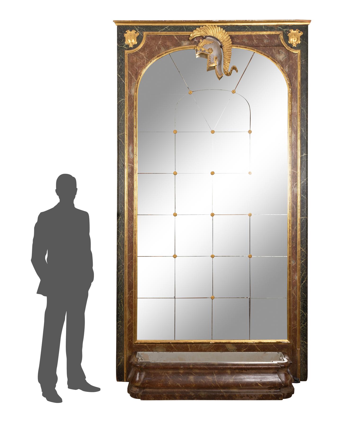 A Monumental Italian Polychromed Faux Marble and Parcel Gilt Pier Mirror and Jardiniere