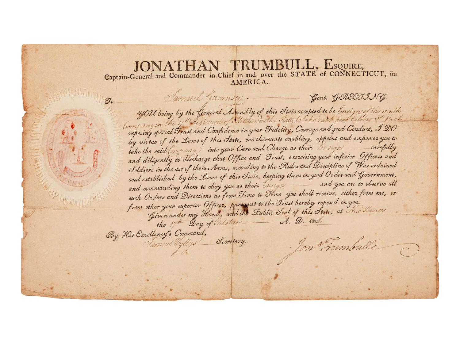 TRUMBULL, Jonathan (1710-1785), Governor of Connecticut. Partially printed document accomplished in manuscript, signed ("Jon Trumbull"). 17 October 1806.