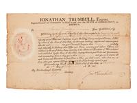 TRUMBULL, Jonathan (1710-1785), Governor of Connecticut. Partially printed document accomplished in manuscript, signed ("Jon Trumbull"). 17 October 1806.
