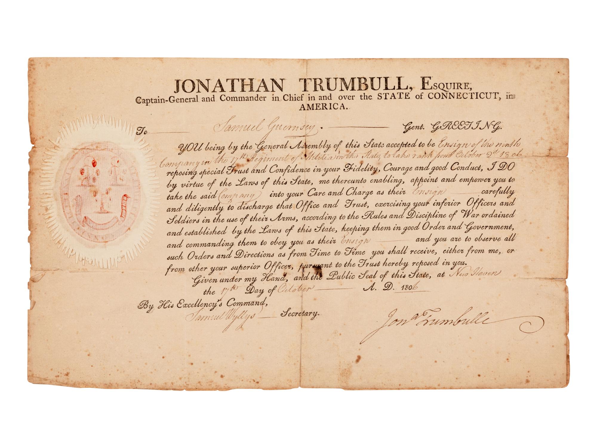 TRUMBULL, Jonathan (1710-1785), Governor of Connecticut. Partially printed document accomplished in manuscript, signed ("Jon Trumbull"). 17 October 1806.