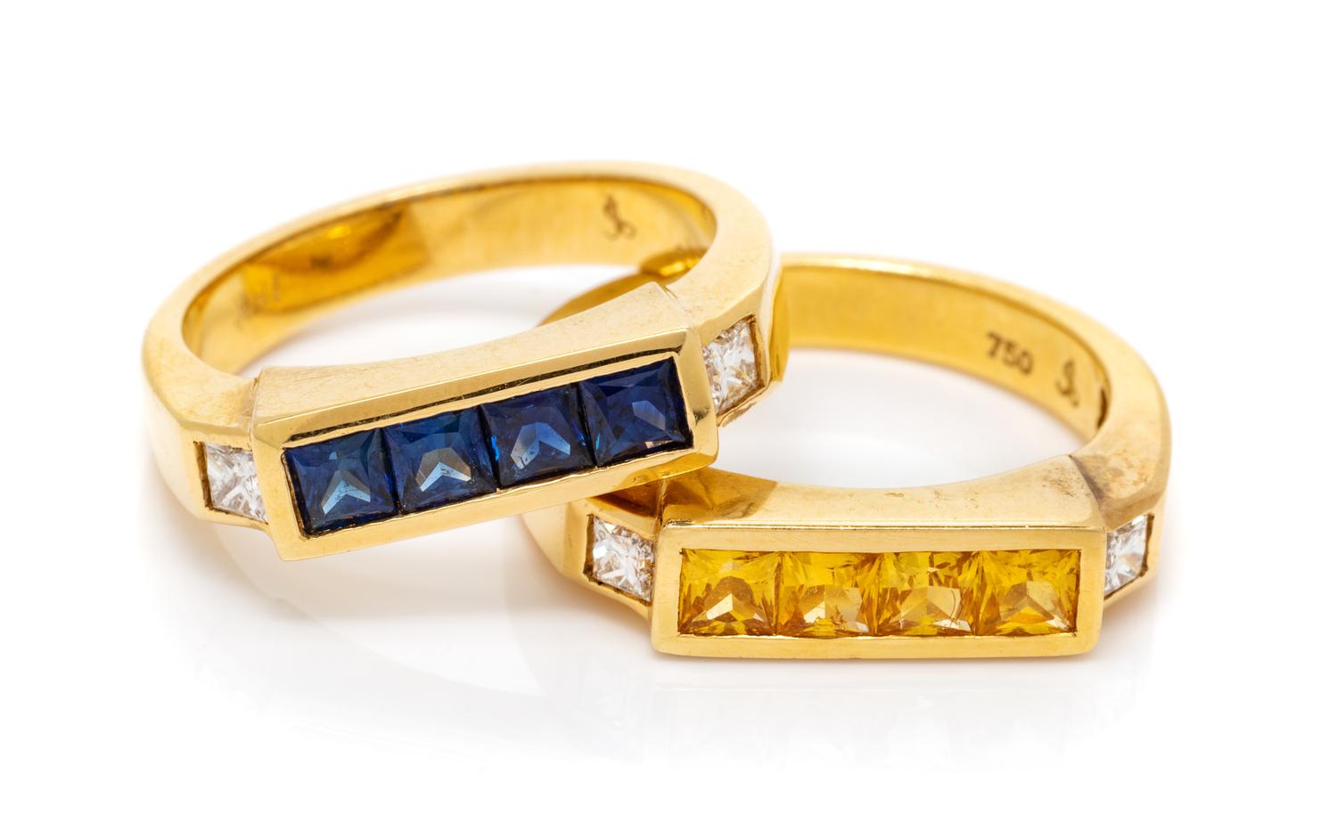 A Pair of 18 Karat Yellow Gold, Sapphire and Diamond Rings, 8.00 dwts.
