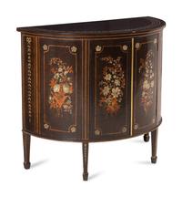 A Continental Polychrome Decorated Marble-Top Demilune Cabinet