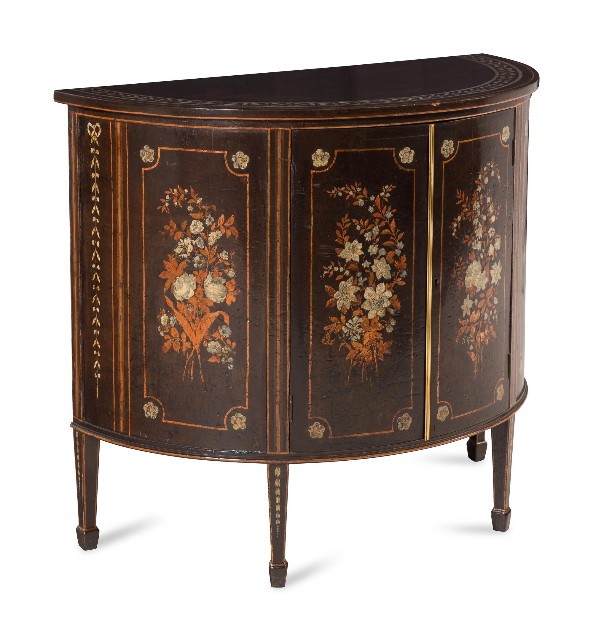 A Continental Polychrome Decorated Marble-Top Demilune Cabinet