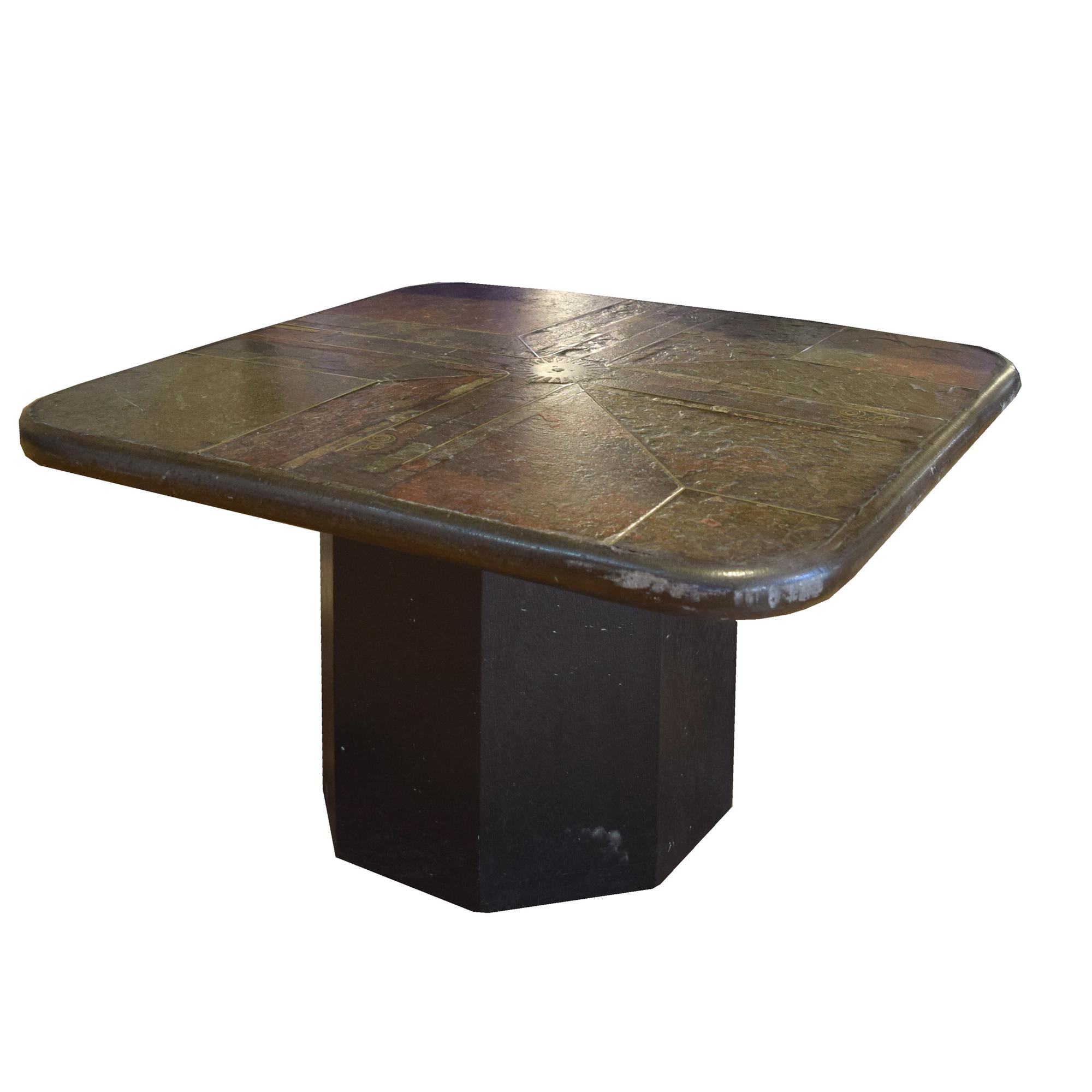 A Marcus Kingma Stone, Brass and Wood Coffee Table 31.5" W x 31.5" D x 17" H — Netherlands, 1990