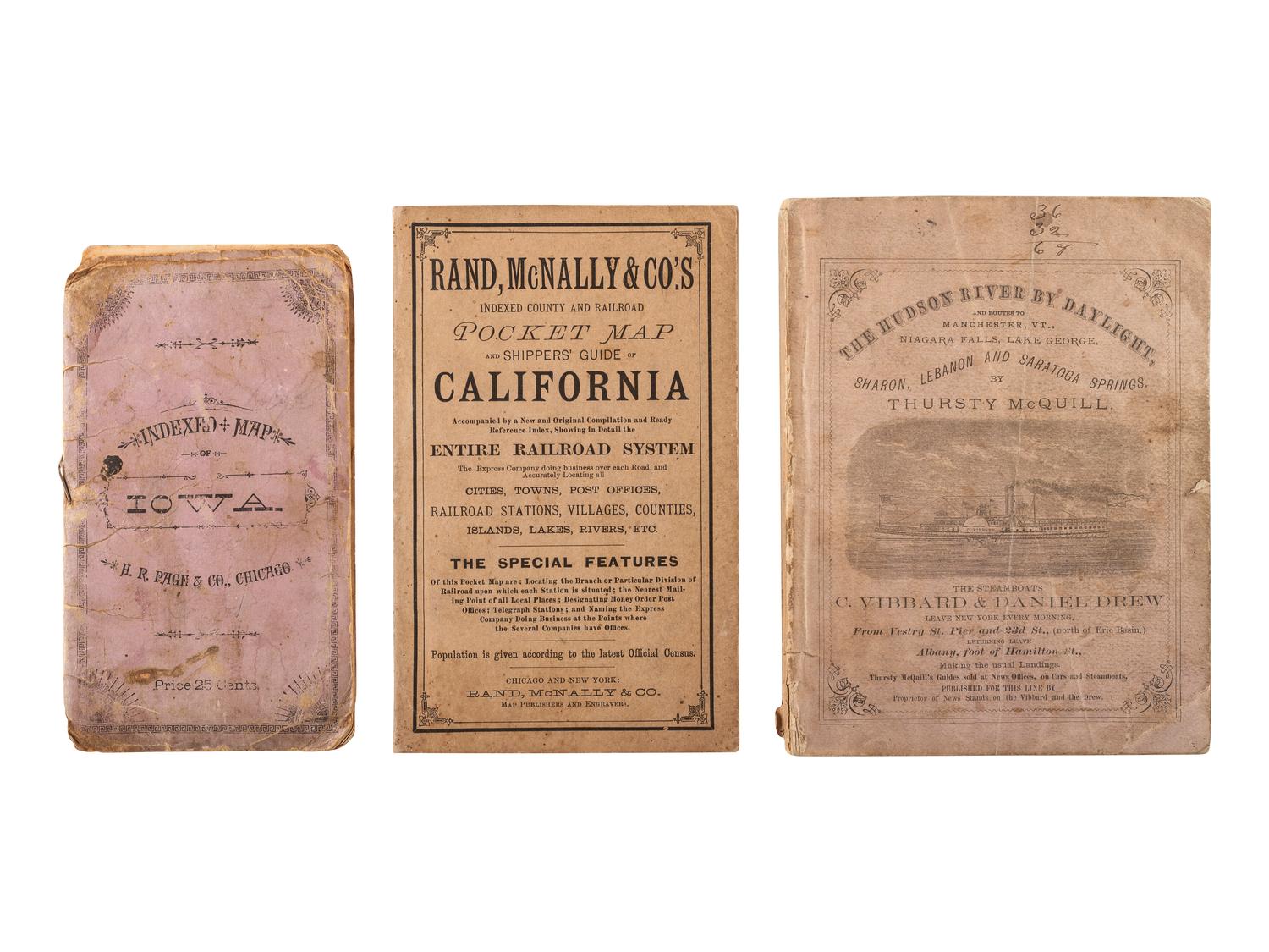 [MAPS] - [WESTERN EXPANSION]. A railway broadside and pocket maps of Hudson River, California, and Iowa.