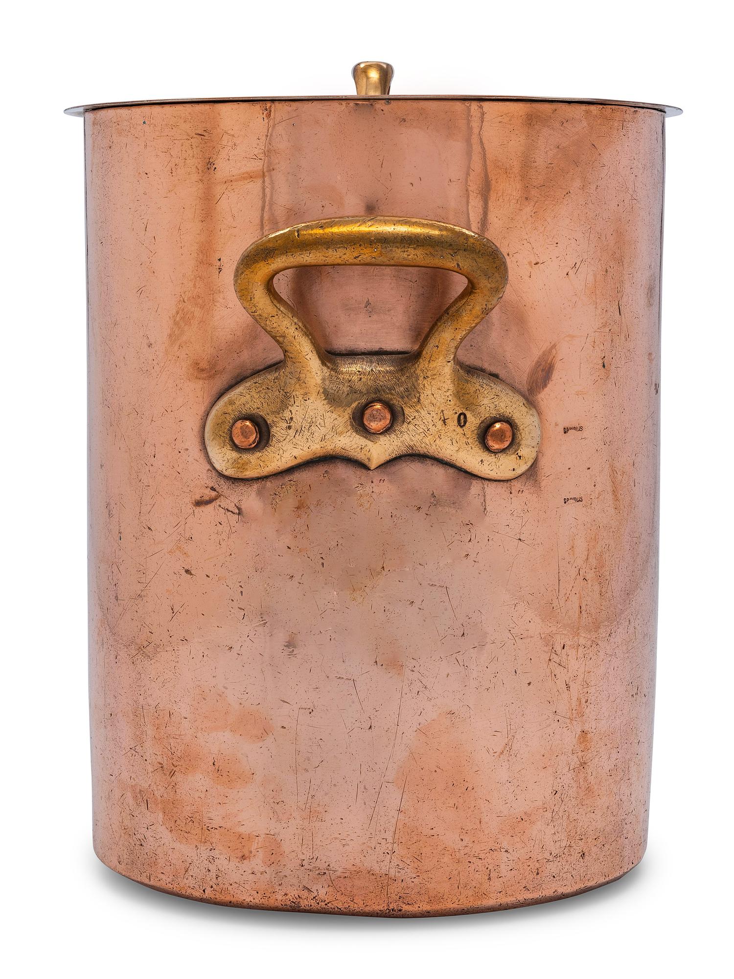 A French Copper Stock Pot with Cover and Brass Handles