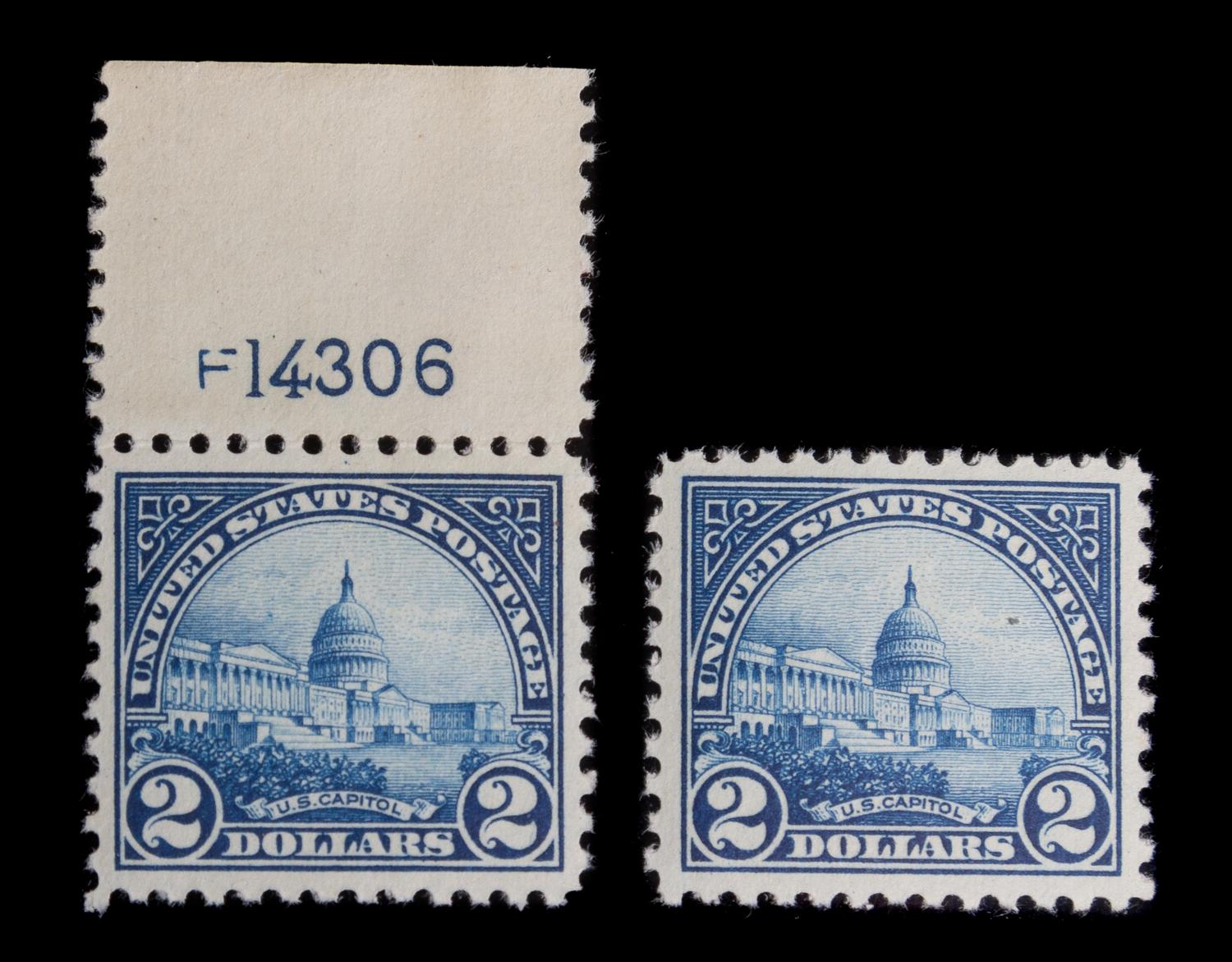 A United States Deep Blue 1923 U.S. Capitol $2 Stamp with Top-Plate Selvage