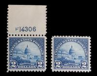 A United States Deep Blue 1923 U.S. Capitol $2 Stamp with Top-Plate Selvage