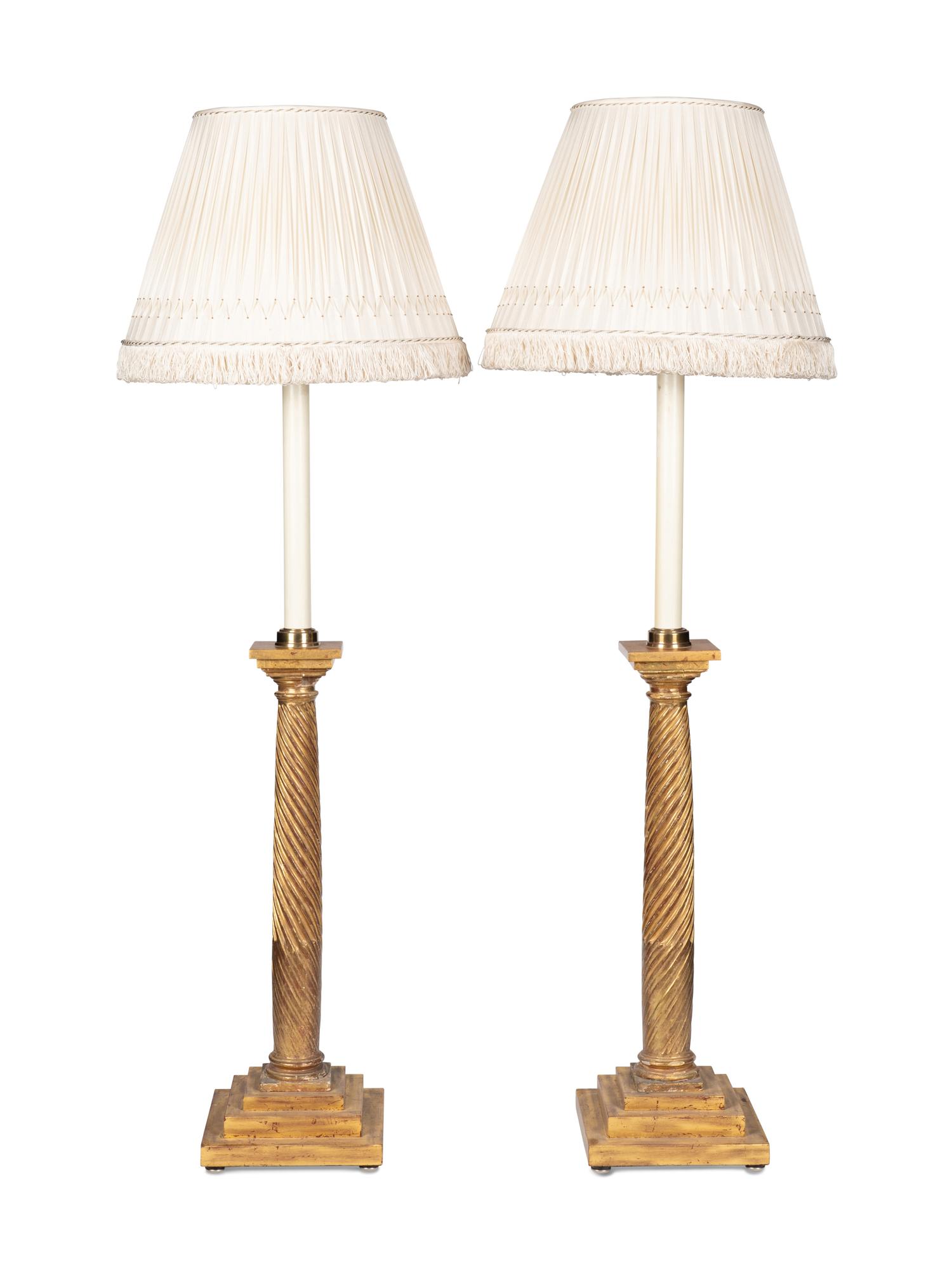 A Pair of Giltwood Table Lamps with Custom Silk Shades