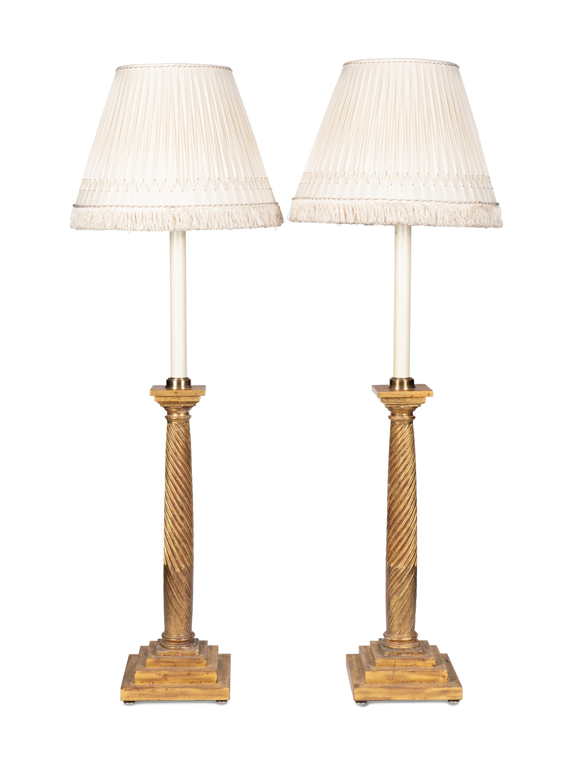 A Pair of Giltwood Table Lamps with Custom Silk Shades