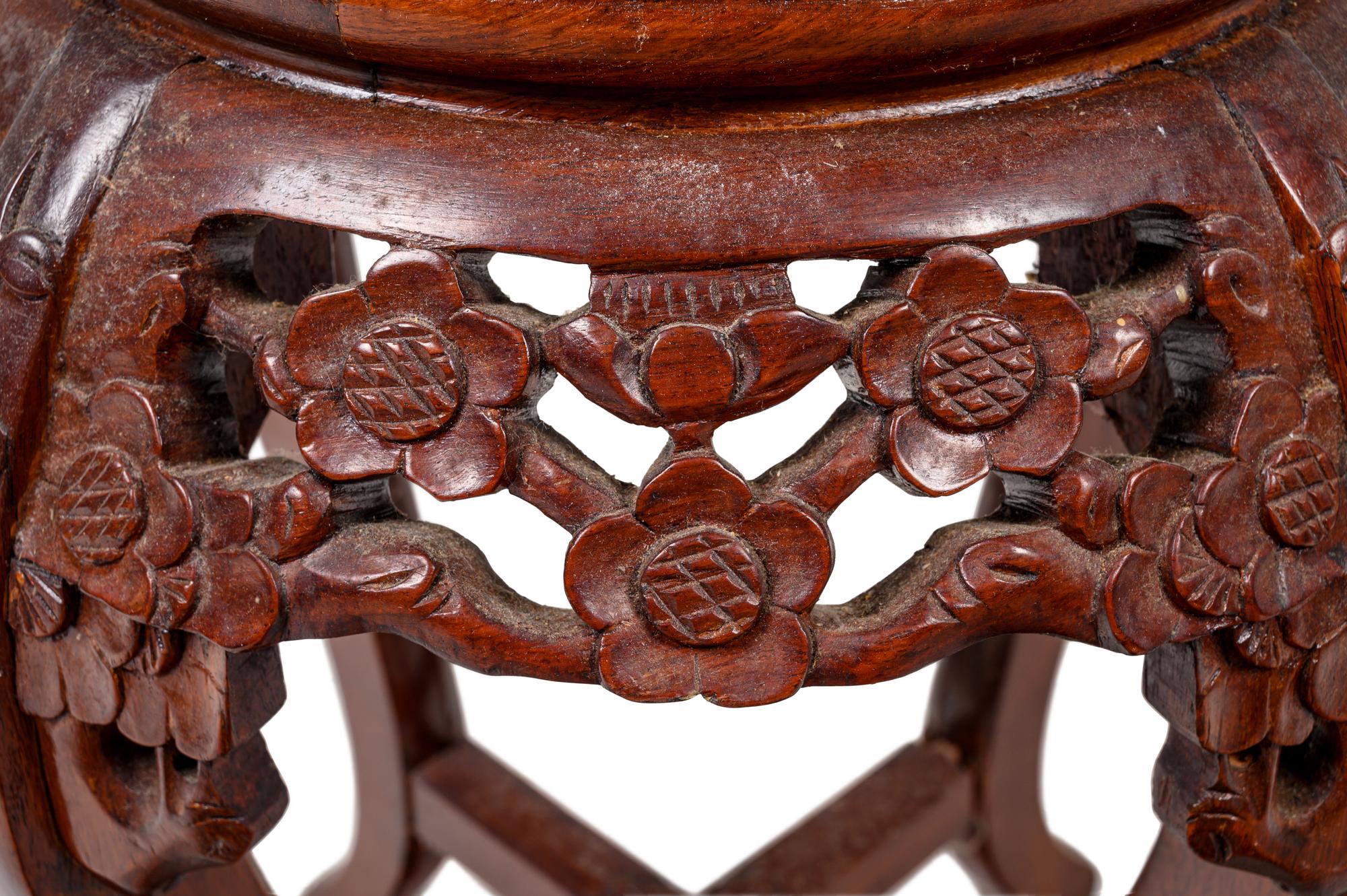 A Chinese Export Carved Wood and Marble-Top Jardinière Stand