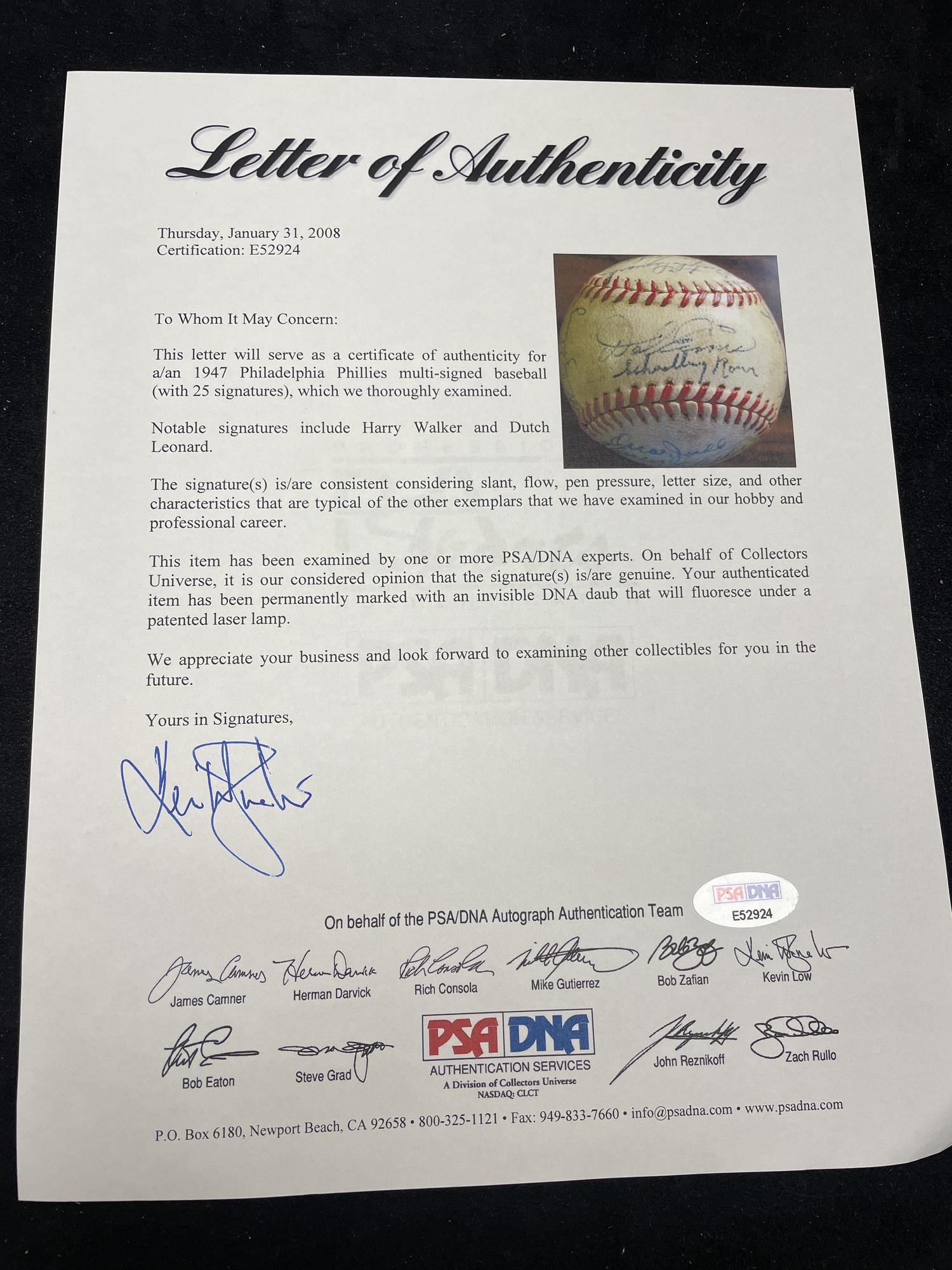 A 1947 Philadelphia Phillies Team Signed Autograph Baseball (PSA Letter of Authenticity)