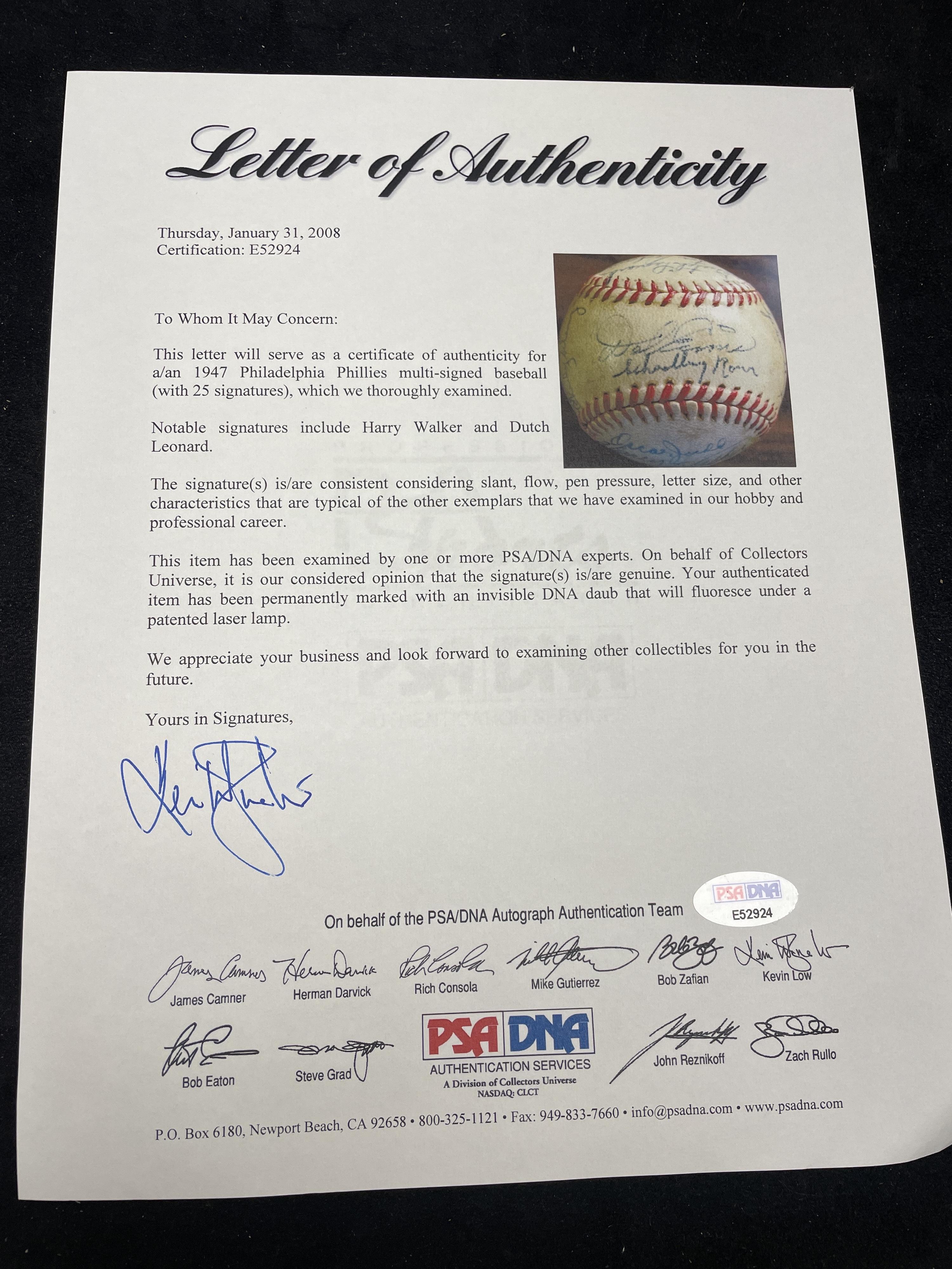 A 1947 Philadelphia Phillies Team Signed Autograph Baseball (PSA Letter of Authenticity)