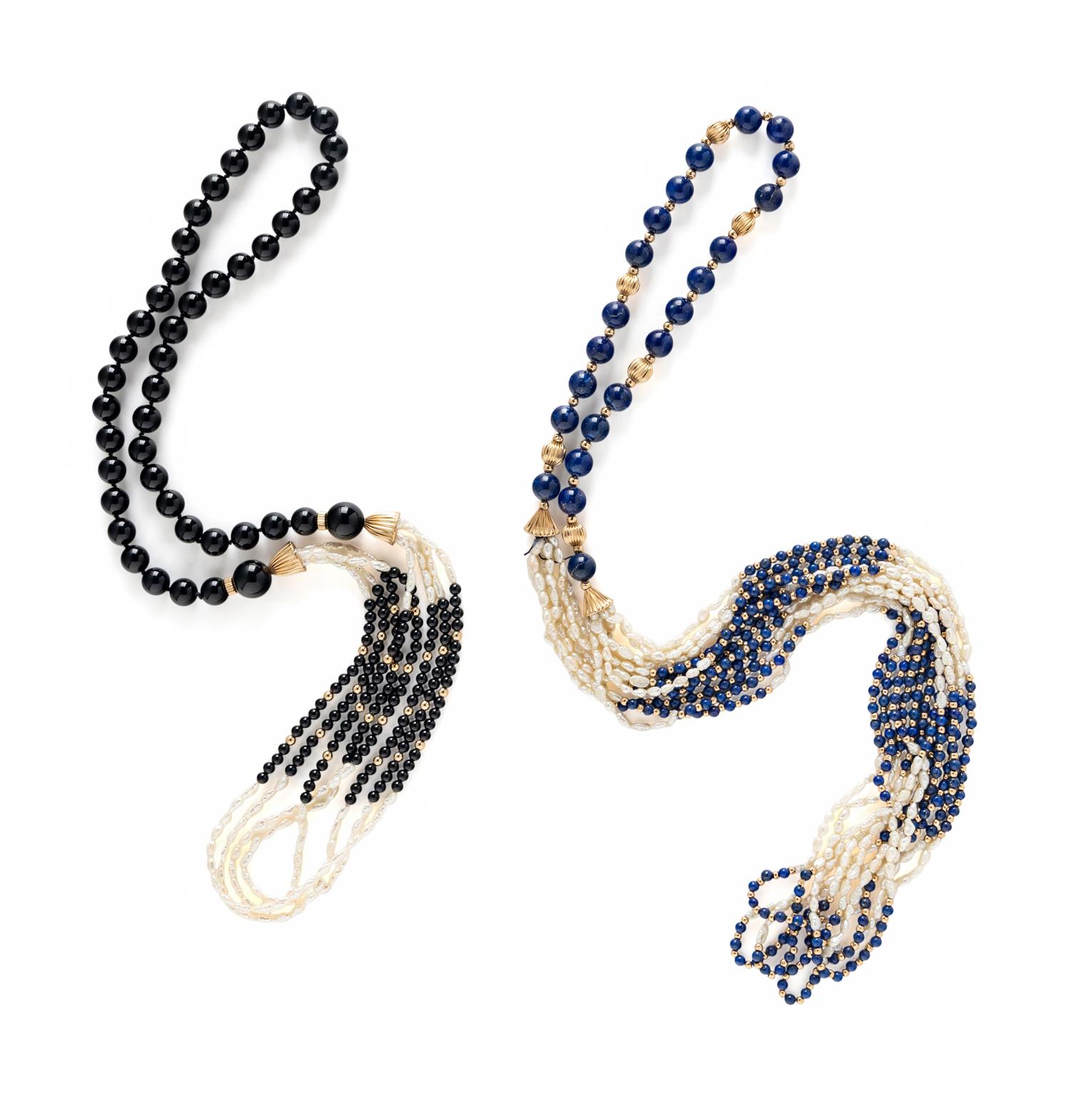 TWO YELLOW GOLD AND BEAD NECKLACES