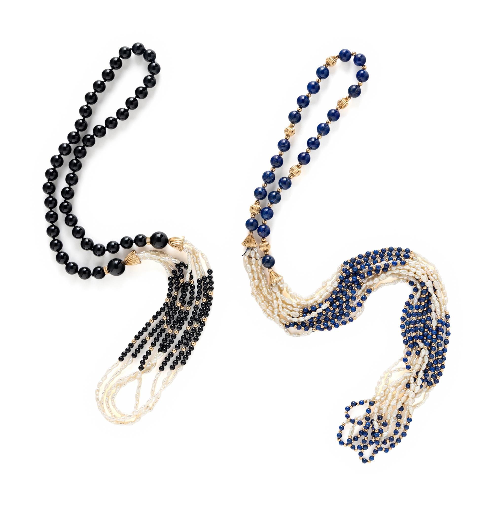 TWO YELLOW GOLD AND BEAD NECKLACES