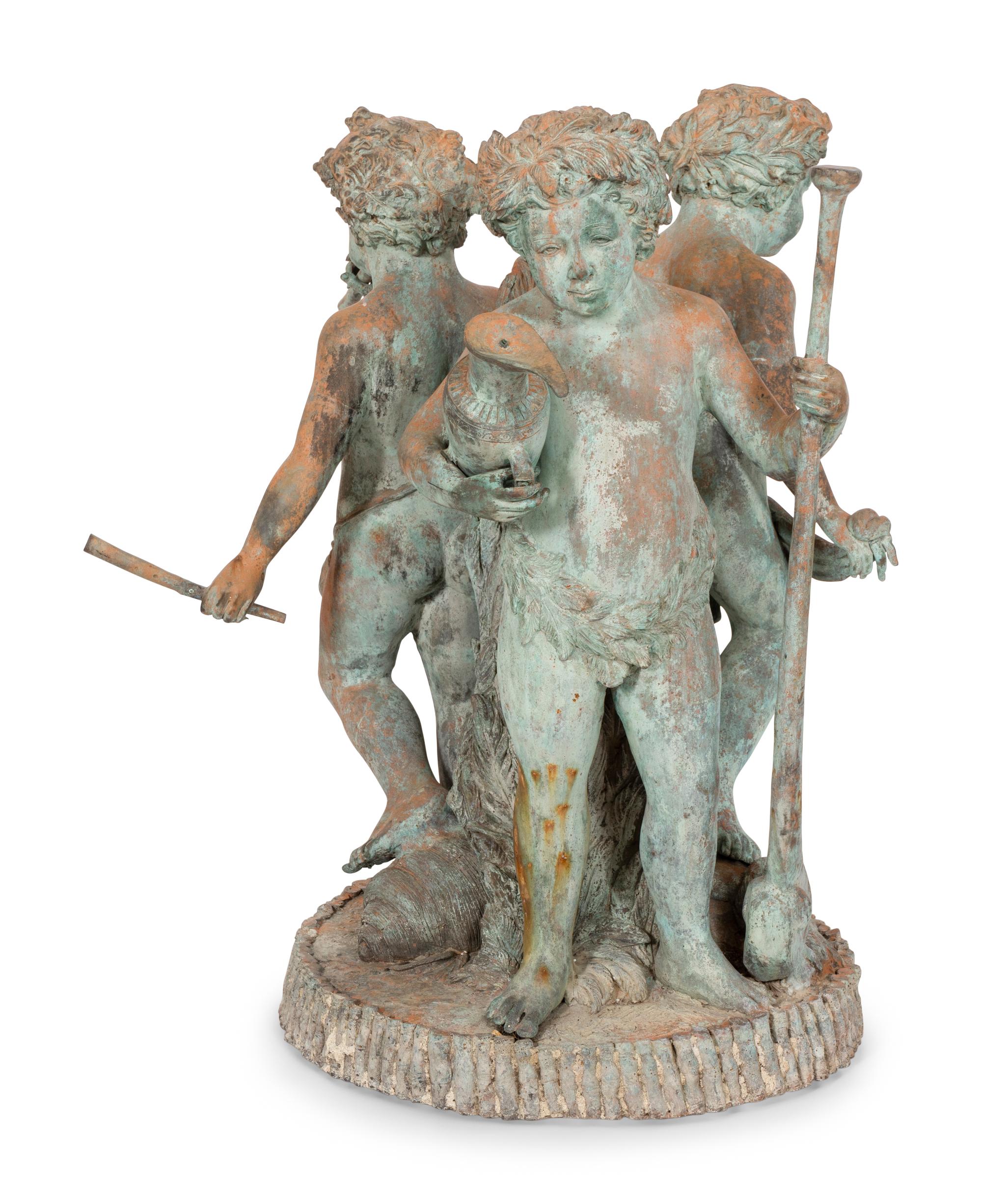 A Large Continental Patinated Bronze Putti Fountain