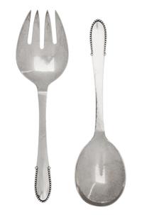Two Danish Silver Flatware Servers, Georg Jensen, Copenhagen, 1945-77, beaded pattern, comprising a serving spoon and a serving fork.