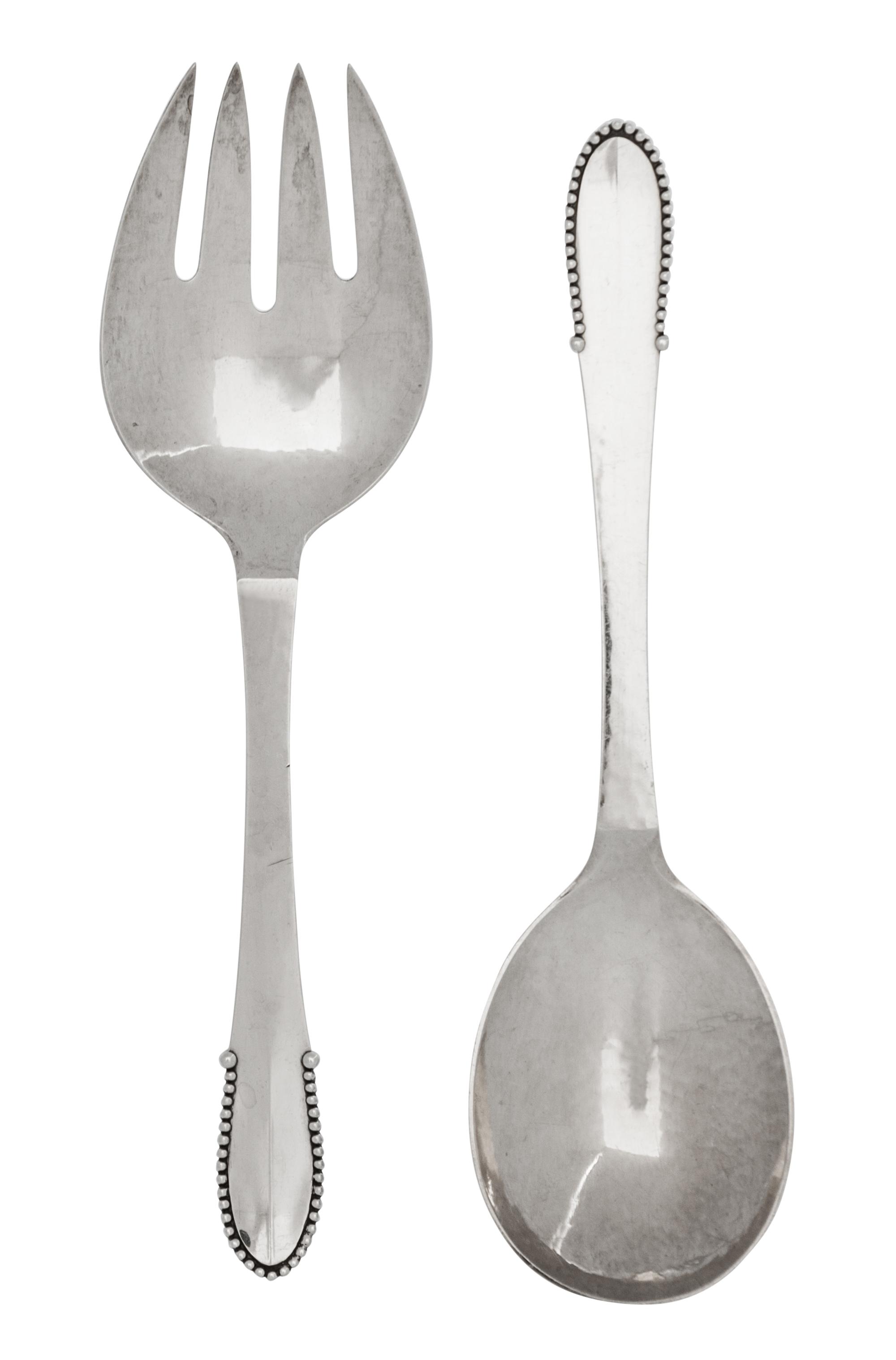 Two Danish Silver Flatware Servers, Georg Jensen, Copenhagen, 1945-77, beaded pattern, comprising a serving spoon and a serving fork.