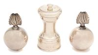 Three George III Silver Articles, , comprising: a peppermill, JG&S, Birmingham, 1912 a pair of wick holders, Birmingham, 1930, of globu