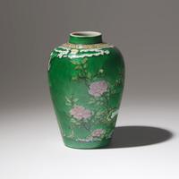 A Chinese Green Ground 'Birds and Bamboo' Porcelain Jar, Kangxi Period — 清康熙 綠彩繪花鳥竹石罐
