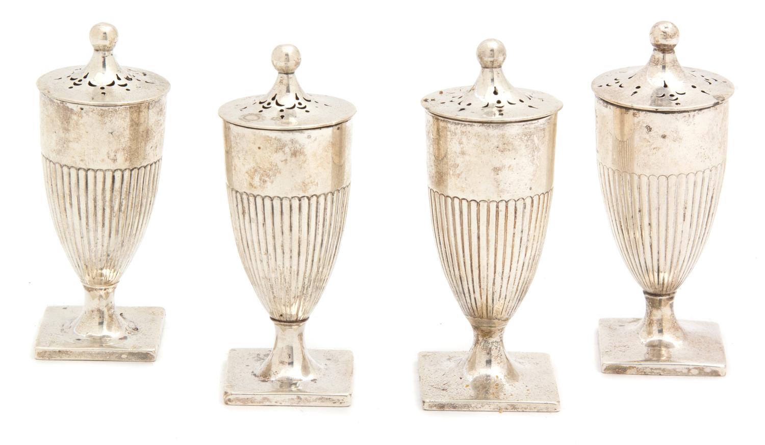 Four English Silver Urn-Form Standing Salts, London, 1821, 1884 and 1890,