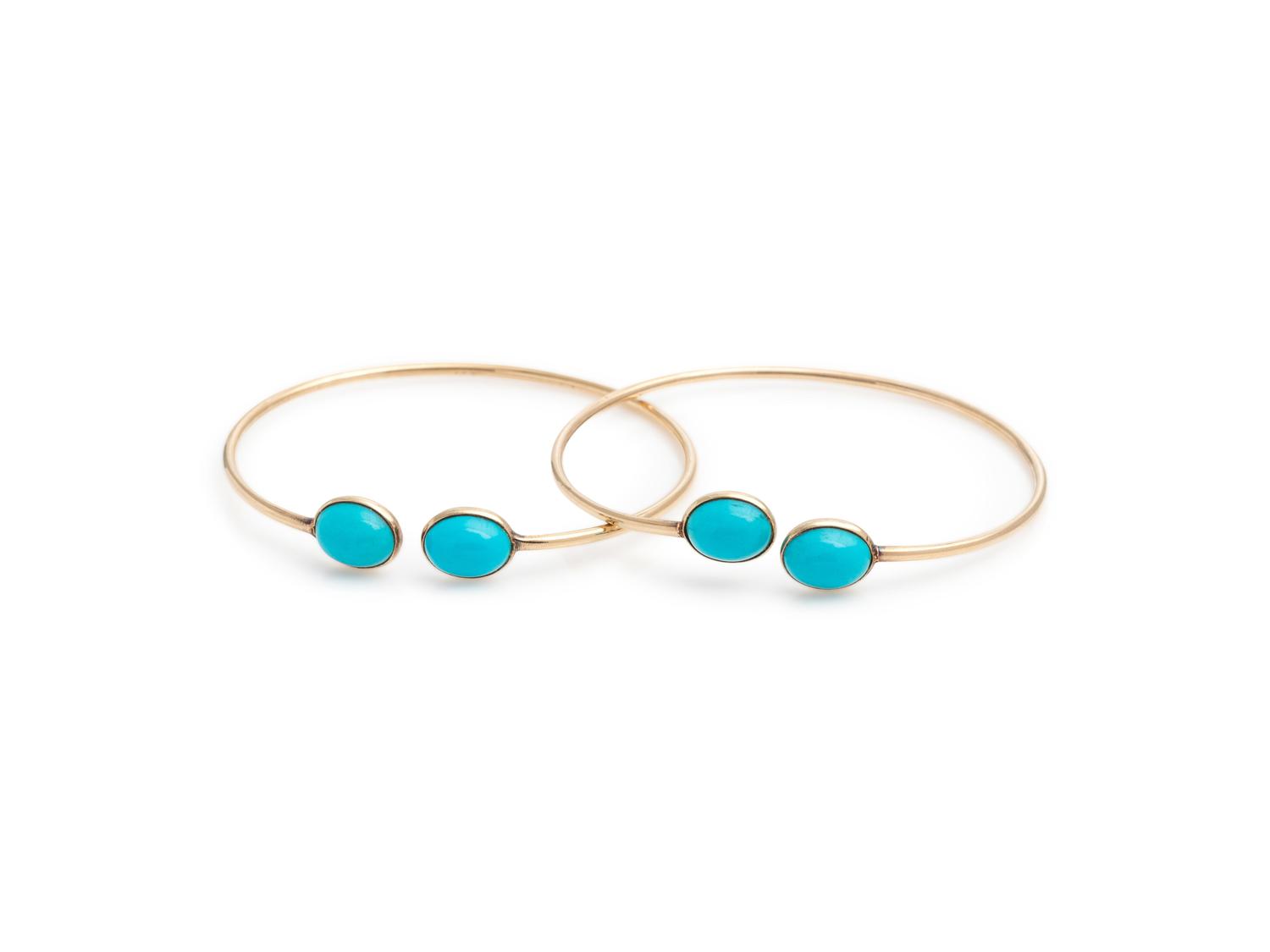 PAIR OF YELLOW GOLD AND TURQUOISE CUFF BRACELETS