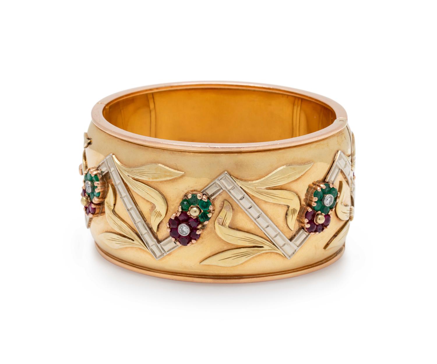 TRICOLOR GOLD, RUBY, EMERALD AND DIAMOND BANGLE BRACELET
