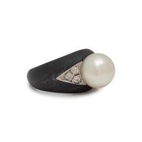 MARSH & CO, ART MODERNE, BLACKENED STEEL, CULTURED PEARL AND DIAMOND RING
