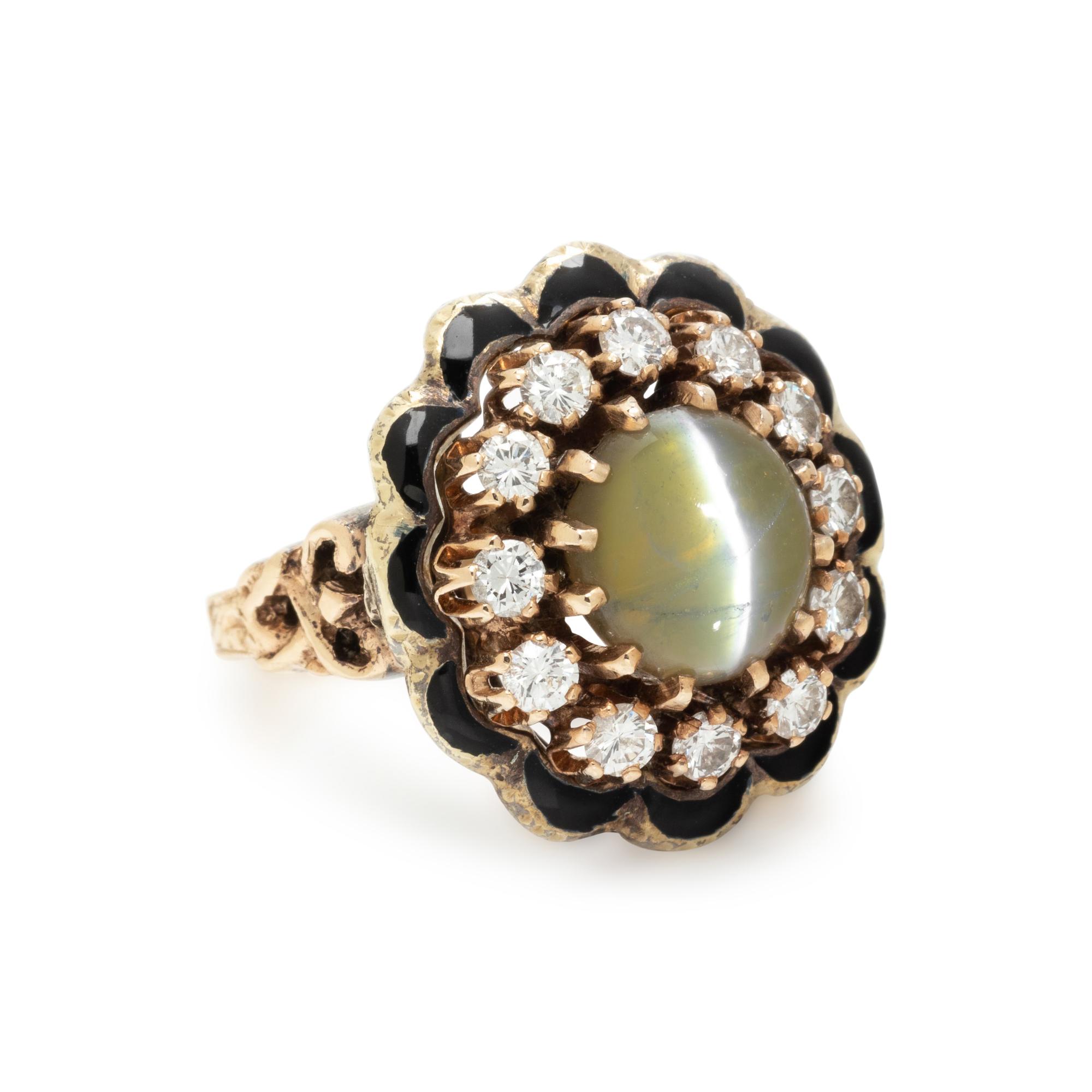 CAT'S EYE CHRYSOBERYL, DIAMOND AND ENAMEL RING