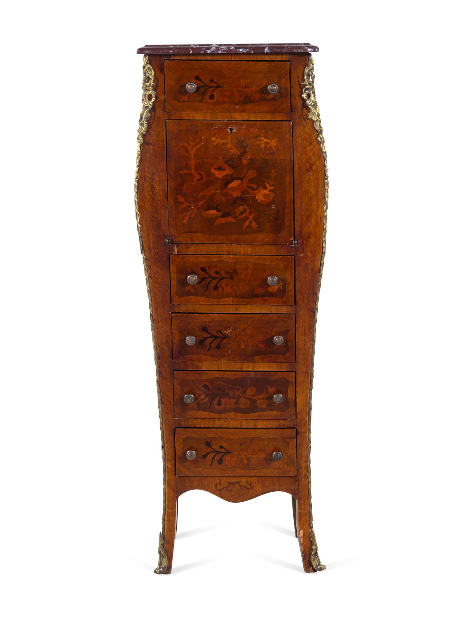 A Louis XV Style Gilt Metal Mounted Marquetry and Marble-Top Secrétaire à Abattant