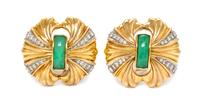 A Pair of Yellow Gold, Diamond and Jade Earclips, 21.50 dwts.