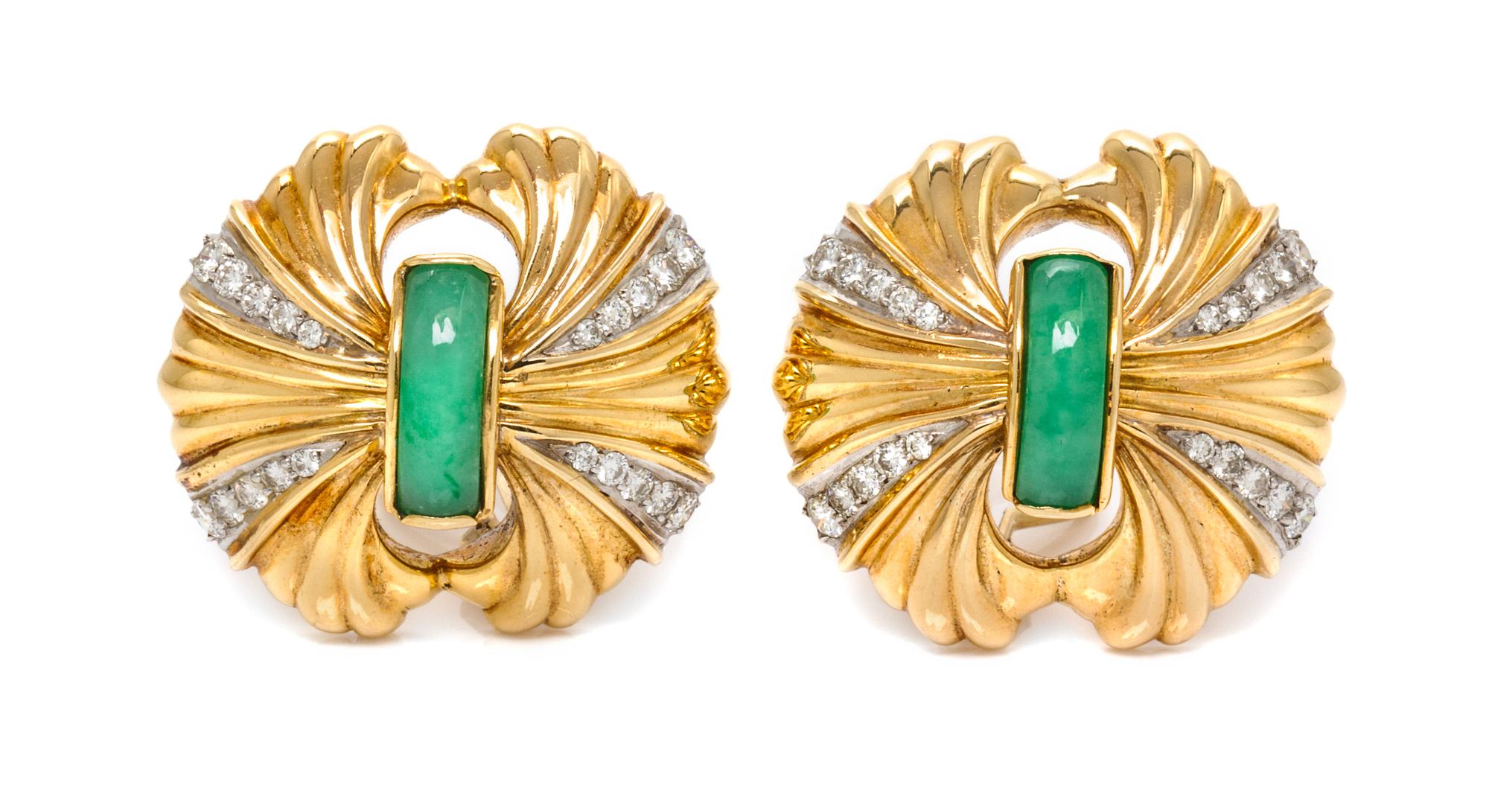 A Pair of Yellow Gold, Diamond and Jade Earclips, 21.50 dwts.