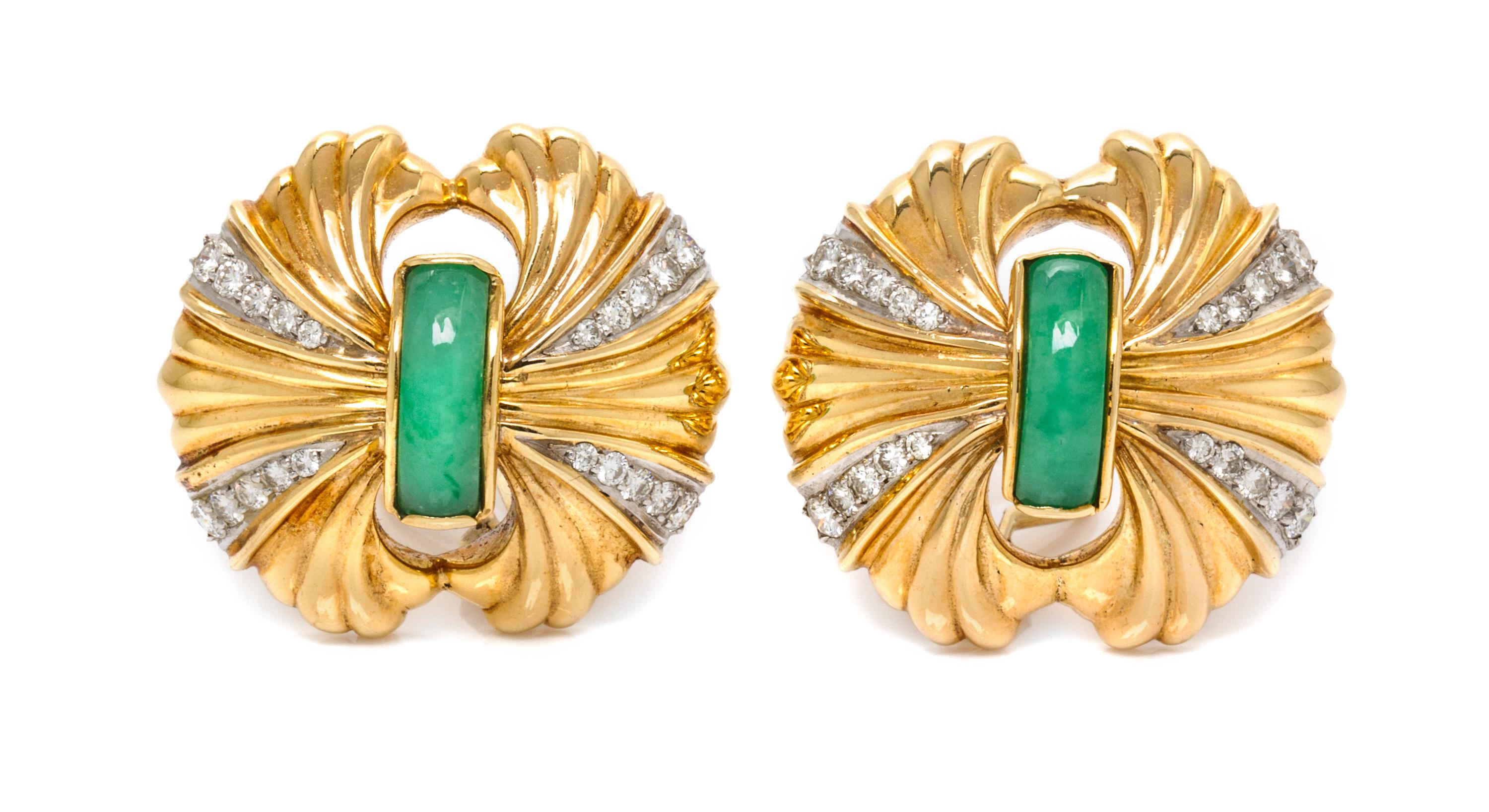 A Pair of Yellow Gold, Diamond and Jade Earclips, 21.50 dwts.