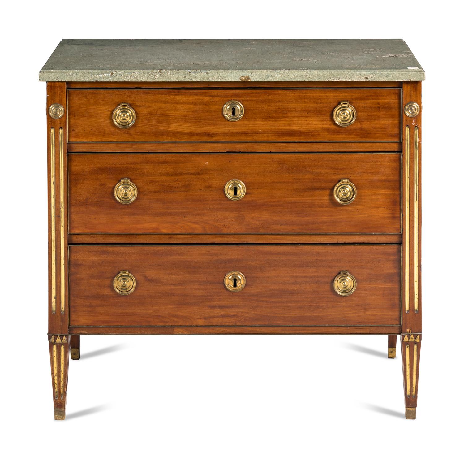 A Swedish Neoclassical Gilt Bronze Mounted Mahogany Marble-Top Bureau Chest