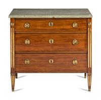 A Swedish Neoclassical Gilt Bronze Mounted Mahogany Marble-Top Bureau Chest