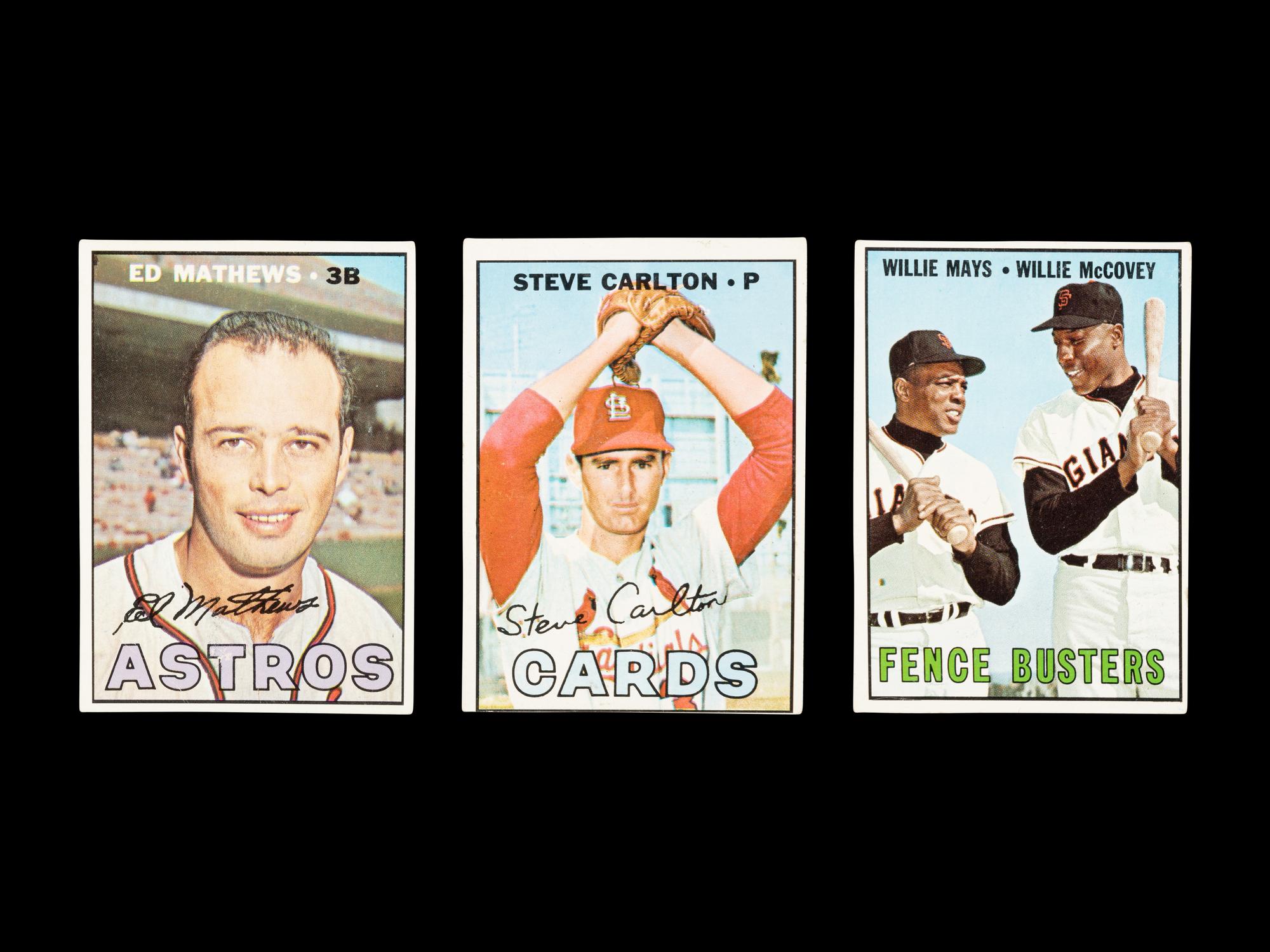 A Group of Six 1967 Topps Hall of Fame Baseball Cards Including Willie Mays Hank Aaron and Roberto Clemente