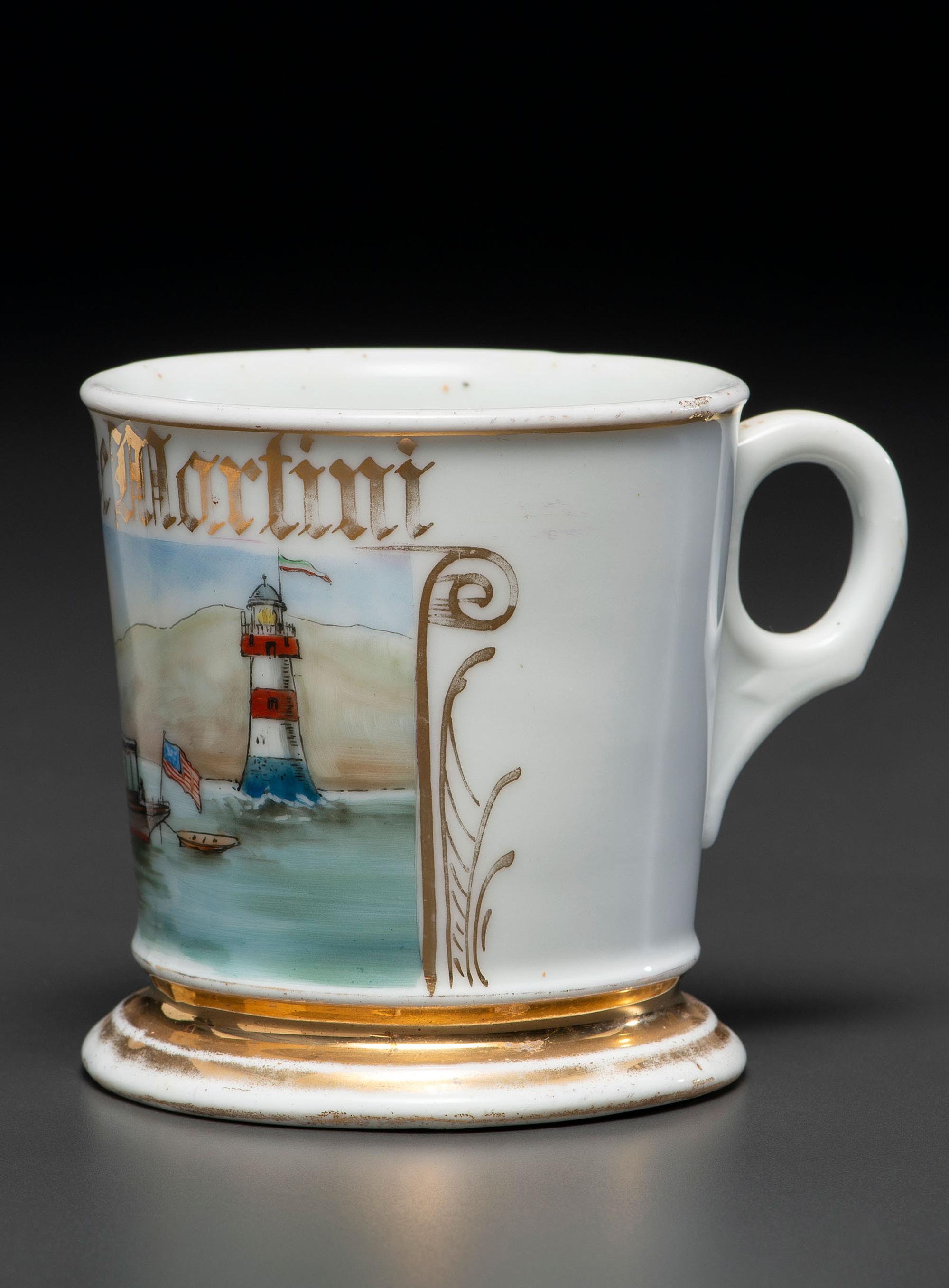 A Porcelain Shaving Mug Depicting a Motorboat