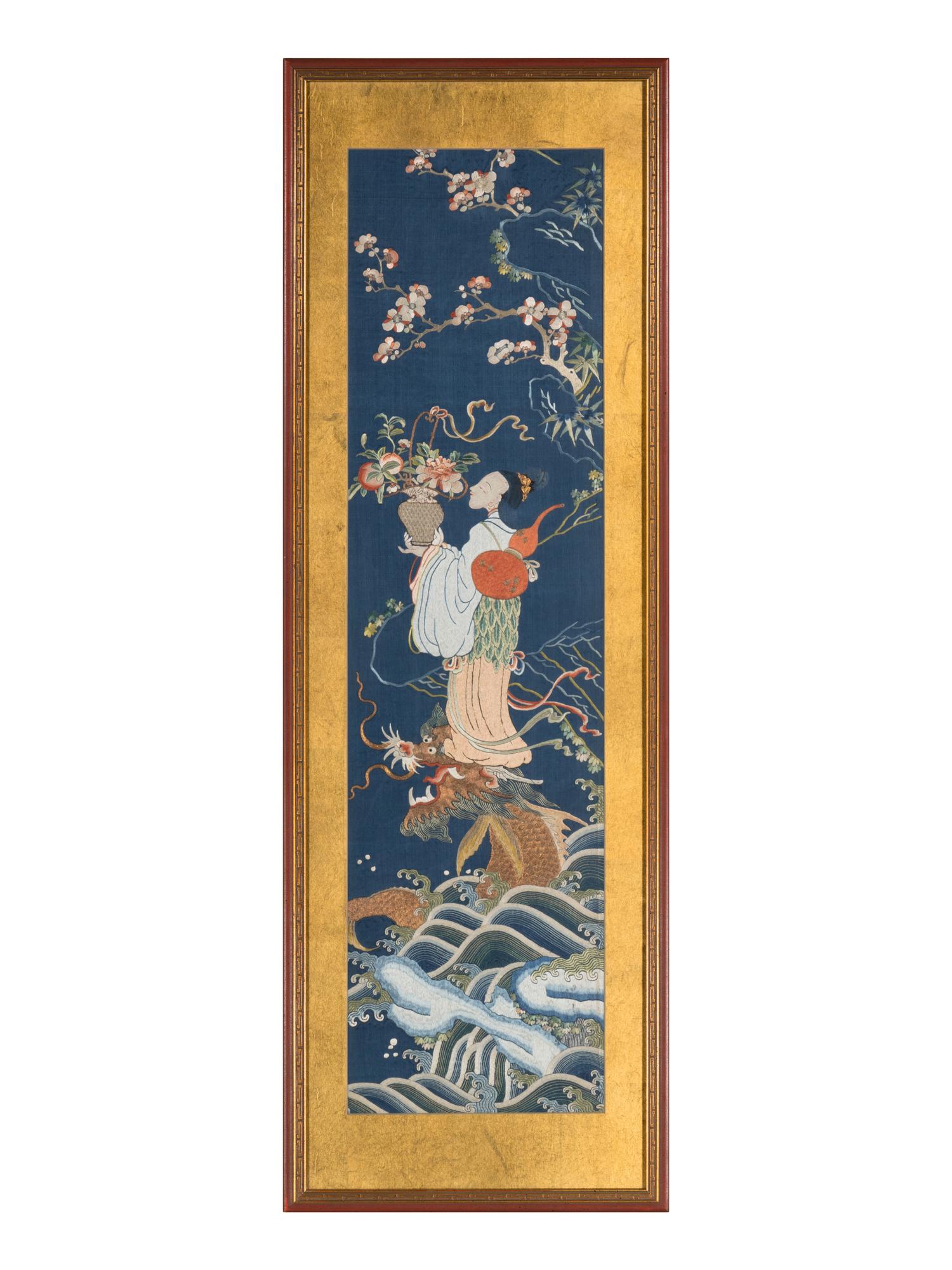 Two Chinese Embroidered Silk Panels, 19th Century 清晚期 藍地麻姑獻壽及雙龍戲珠綉片兩幅