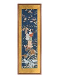 Two Chinese Embroidered Silk Panels, 19th Century 清晚期 藍地麻姑獻壽及雙龍戲珠綉片兩幅